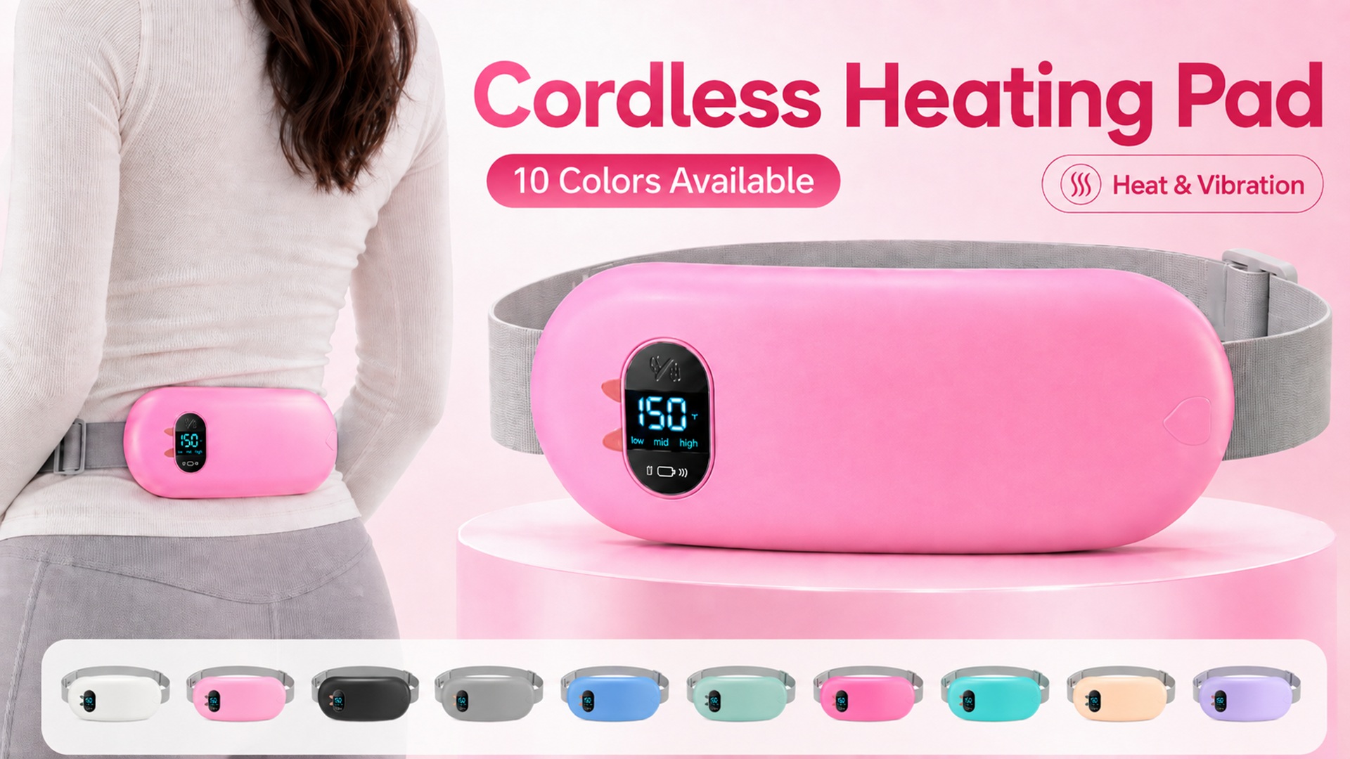 thumbnail video image 2 of TeSabMi Portable Heating Pad for Period Cramps, Cordless Heating Belt, 6 Heat Levels, 6 Vibration Modes, Stocking Stuffers, Gifts for Women, Pink, 2 of 10