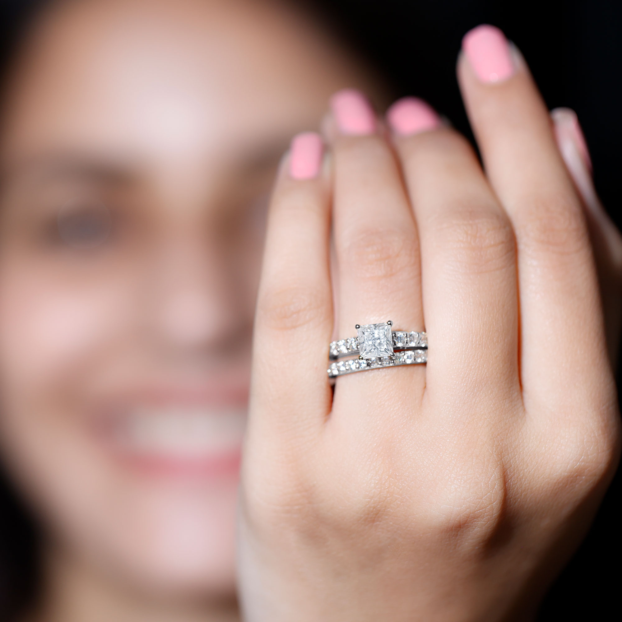 thumbnail video image 2 of Rosec Jewels - 925 Silver Moissanite Wedding Ring Set (D-VS1 Grade) - Princess Cut Engagement Ring with Band - Ready to Gift for Valentines Day, US 8.00, 2 of 9