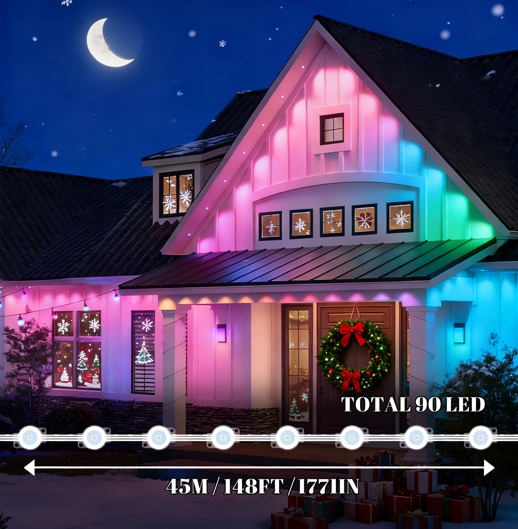 thumbnail video image 2 of Permanent Outdoor Lights 150Ft 90LEDs, Smart RGB-IC Year Round Eave Deck Fence Outside Lights with Remote & App Control, Multicolor & White Individual DIY LED Christmas Holiday Decor, 2 of 10