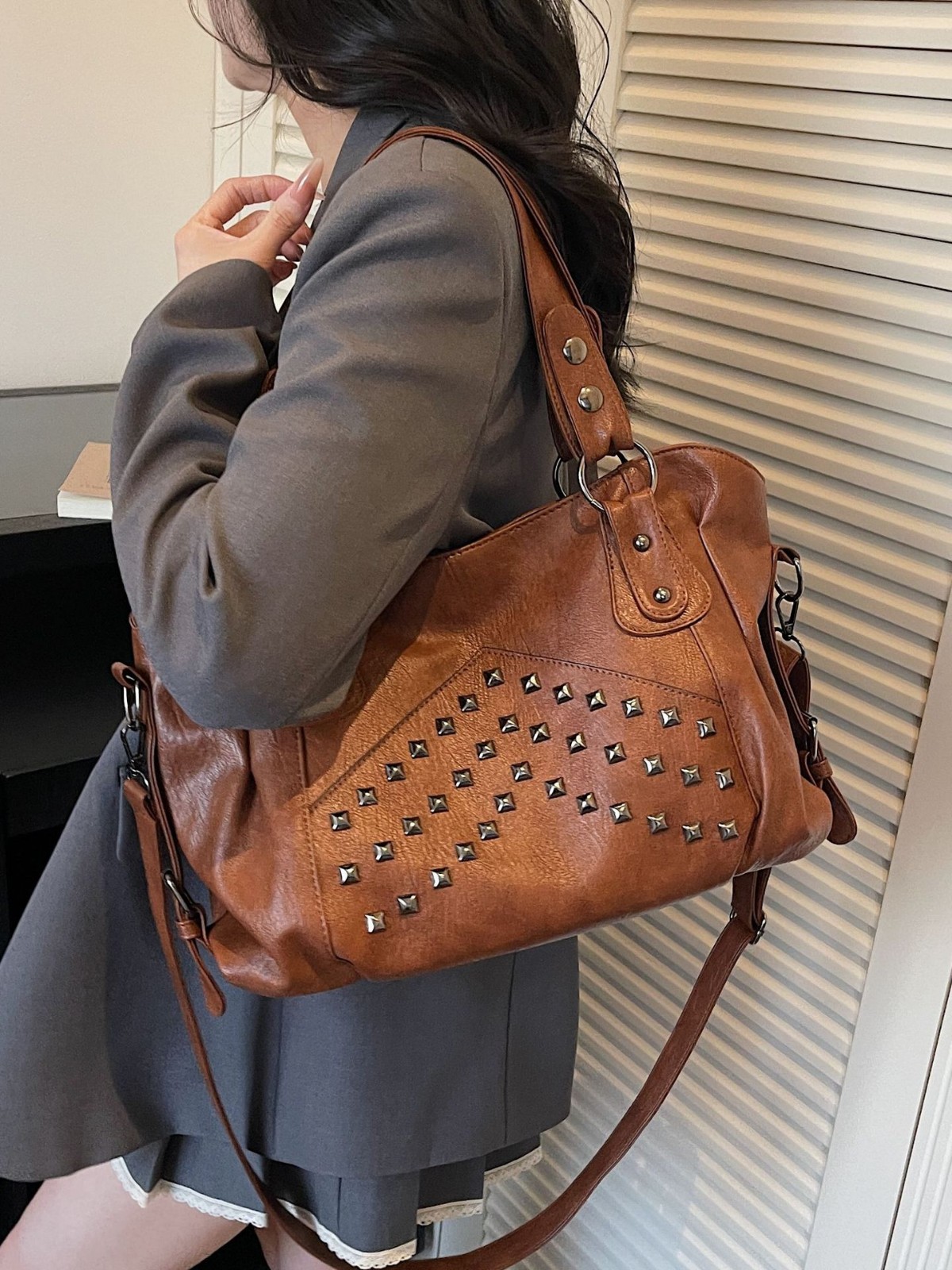 thumbnail video image 2 of SPEKSEE Vintage Rivet Tote Bag for Women, Large Capacity PU Leather Shoulder Handbag, Multiway Retro Satchel Purse for Daily Travel Commute, 2 of 8