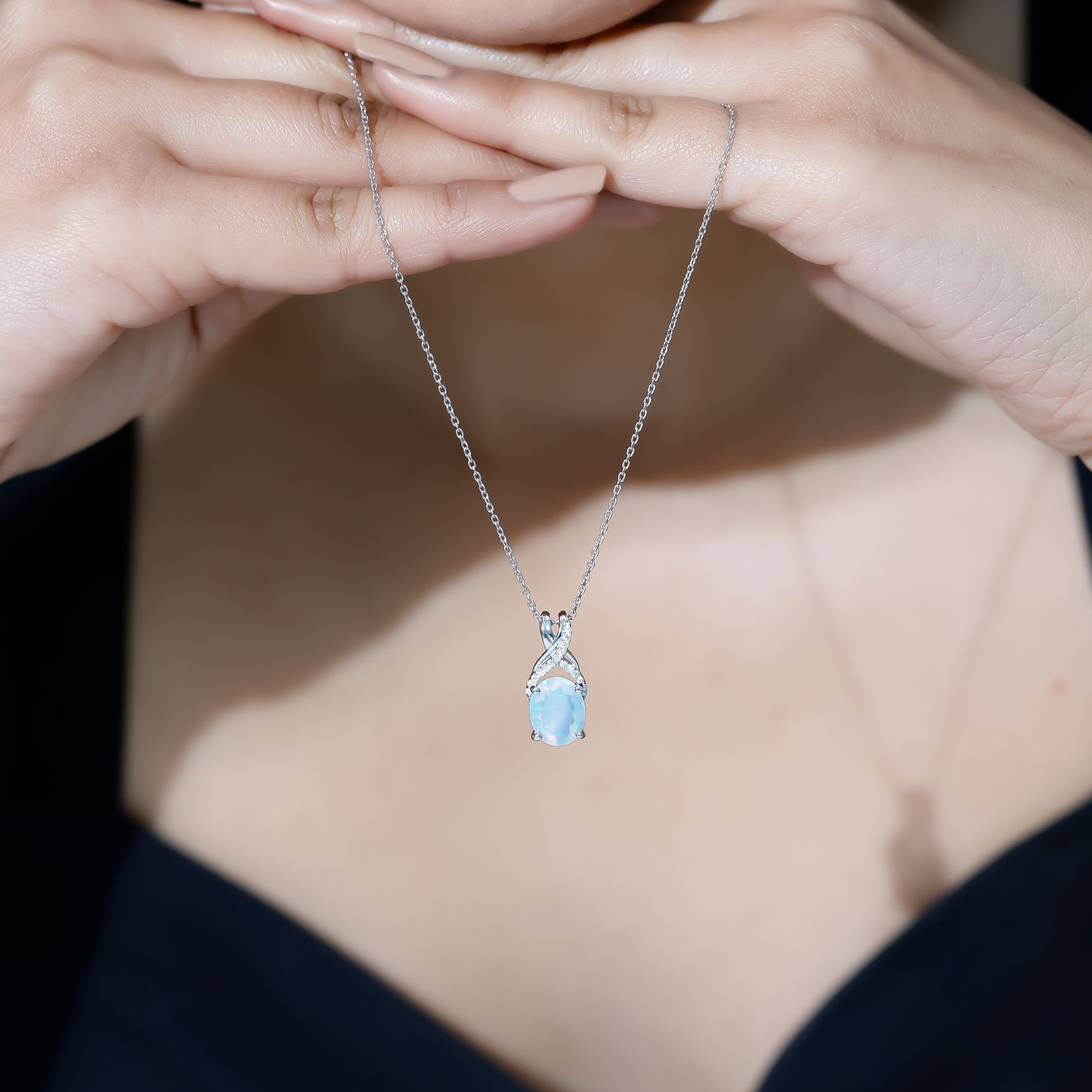 thumbnail video image 2 of Rosec Jewels Oval Shape Ethiopian Opal Solitaire Pendant with Moissanite for Women (8X10 mm), 10K Yellow Gold, 2 of 8