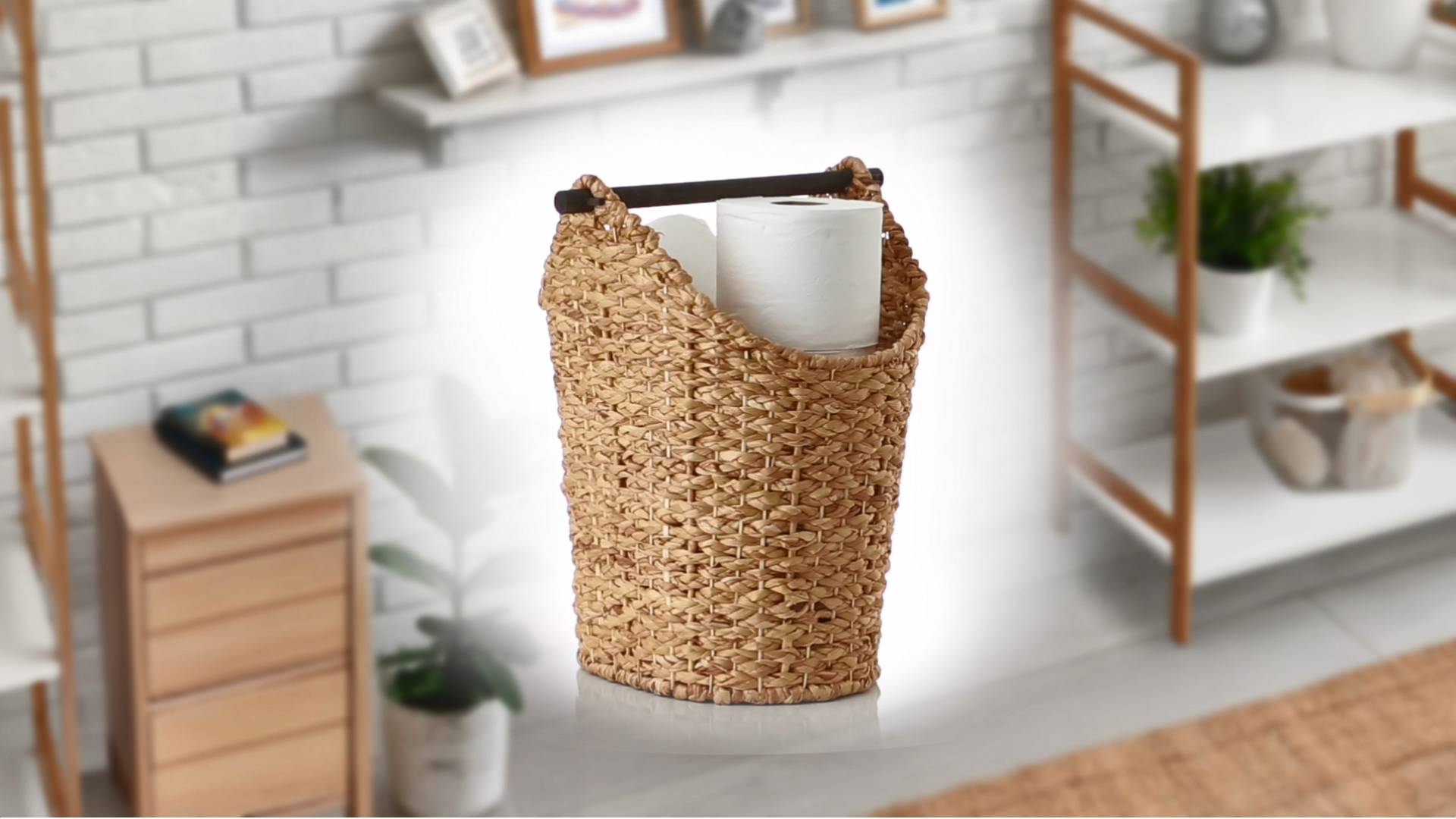 thumbnail video image 2 of Casafield Toilet Paper Roll Holder Storage Basket with Wood Bar - Natural, Woven Water Hyacinth Wicker Bathroom Tissue Storage Organizer, 2 of 8