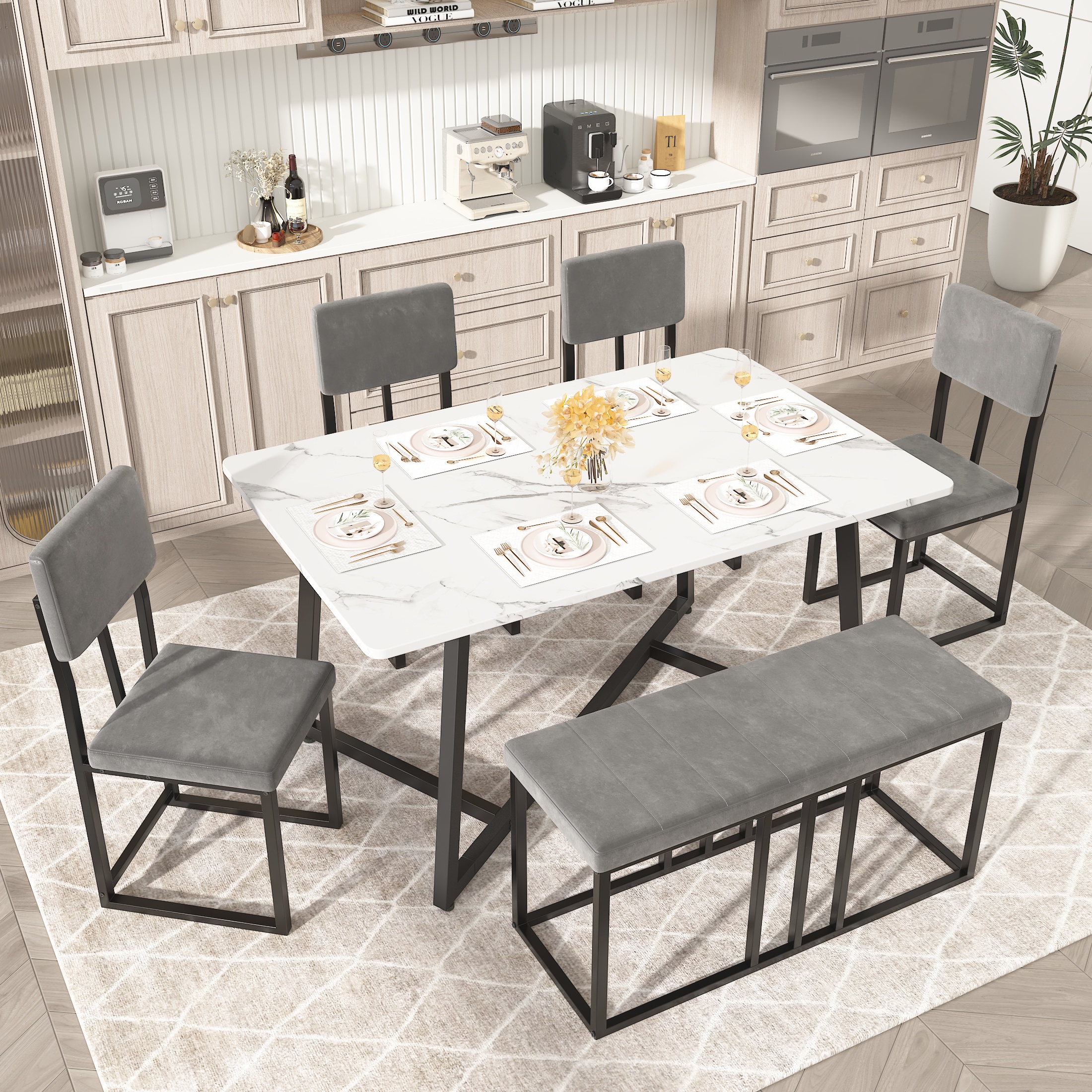 thumbnail video image 2 of 6 Piece Dining Room Table Set, Dining Table Sets for 6 with Chairs and Bench, Large Dinning Table and Chairs 4to6Set, Modern Kitchen Table Sets with Chairs for 6, White Table and Gray Chairs Set, 2 of 9