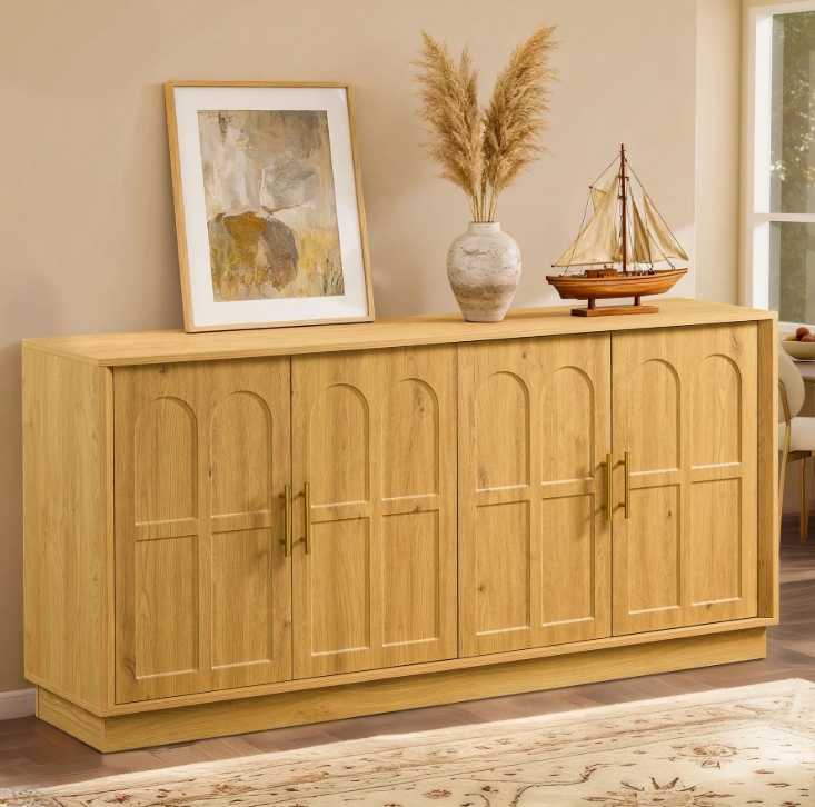 thumbnail video image 2 of LKTART Sideboard Buffet Cabinet Farmhouse With Storage Arched Doors Wood 4 Doors 1 Drawer Off-White 67 Inch, 2 of 8