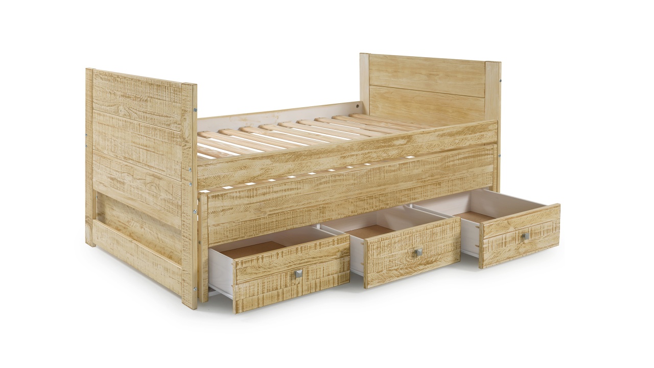 thumbnail video image 2 of Bedz King Twin Captains Bed with Trundle and 3 Built in Drawers, Weathered Honey, 2 of 9