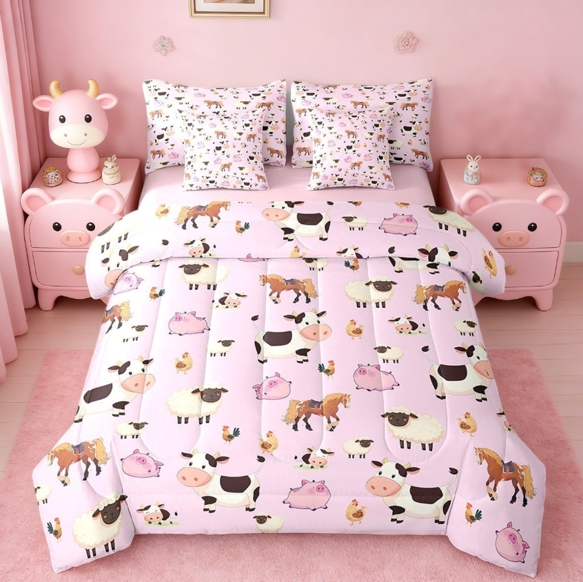 thumbnail video image 2 of Manfei Farm Cow Sheep 7 Pieces Bedding Comforter Set Boys Girls,Cartoon Animals Full Bedding Set For Kids Reversible, 2 of 8