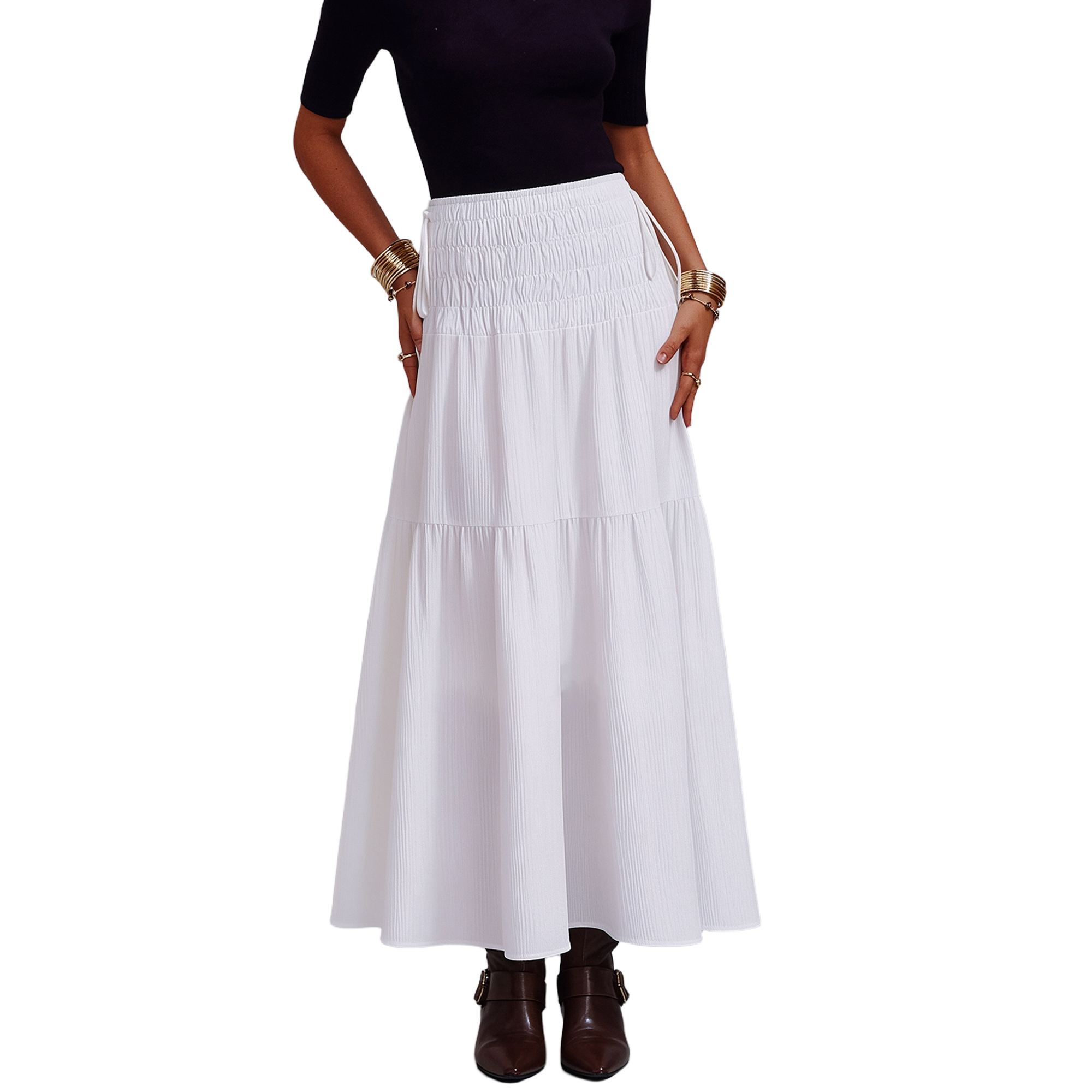 thumbnail video image 2 of JIRNYORLL Womens Fall Smocked Tiered Maxi Skirt with Pockets Drawstring Elastic High Waisted A Line Long Skirts, Army Green M, 2 of 9