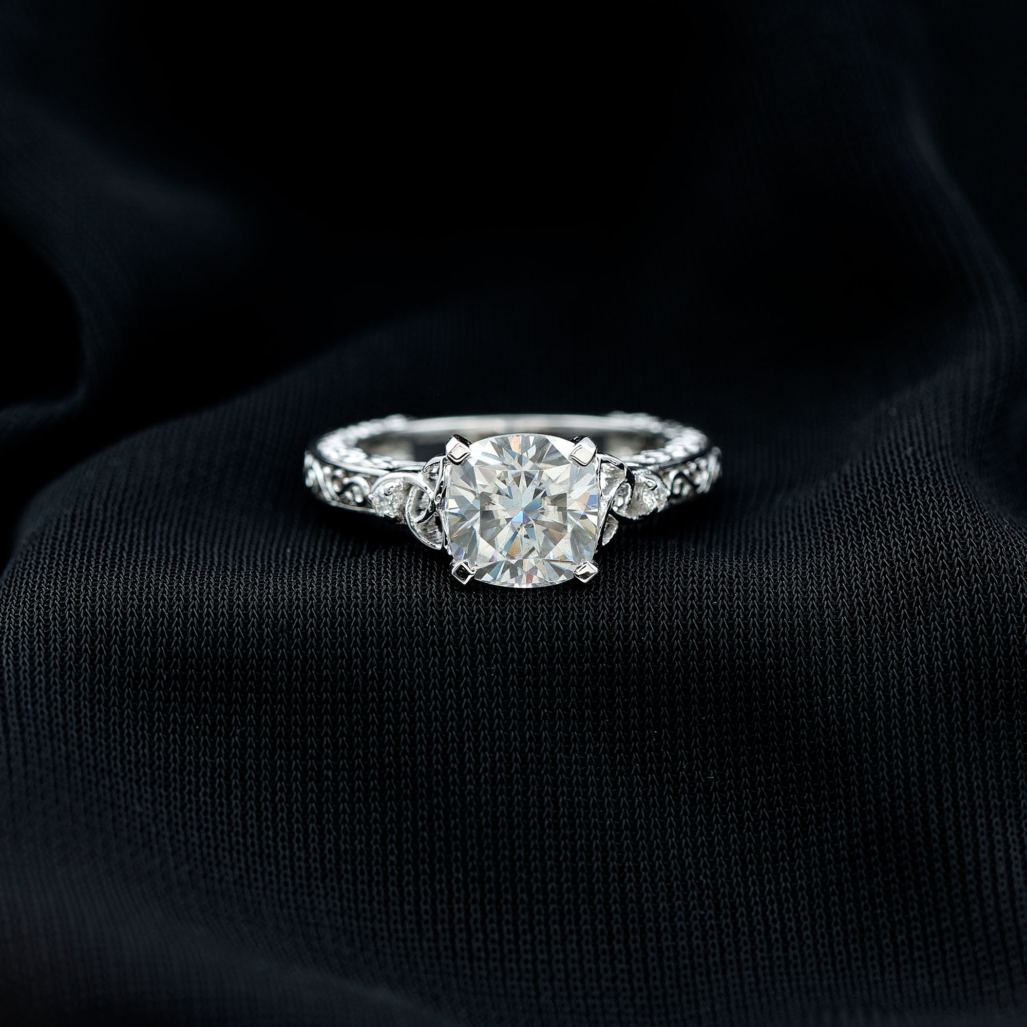 thumbnail video image 2 of Rosec Jewels Moissanite Solitaire Engagement Ring for Women - 8 mm Cushion Cut - Celtic knot Ring - 3 Ct - D-VS1 Grade, 14K Yellow Gold, US 4.00, 2 of 9