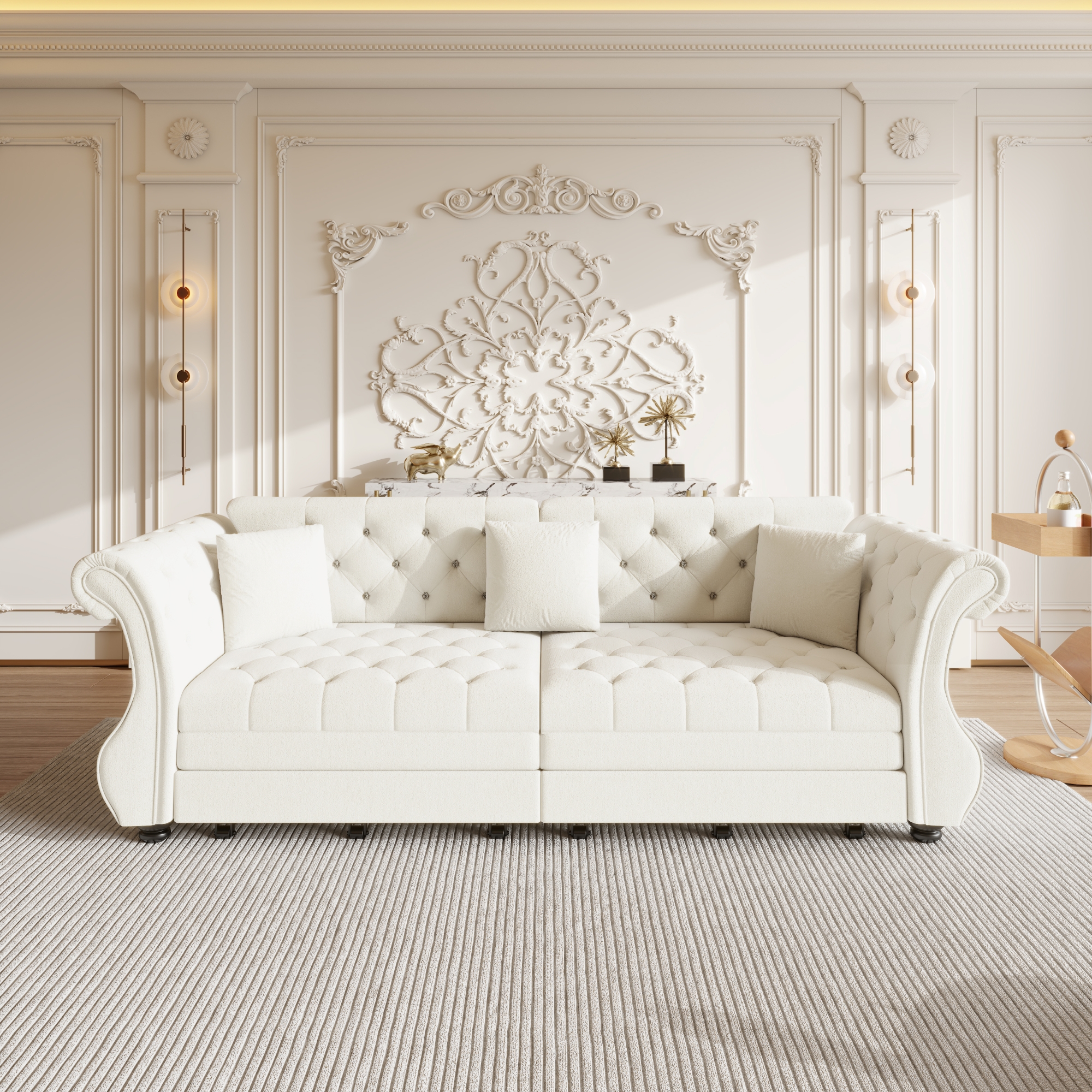 thumbnail video image 2 of Chesterfield Pull Out Convertible Sofa Bed, Classic Flower Tufted Velvet Loveseat Sleeper Couch With Roll Arms and Pillows, for Living Room Apartment Office, 2 of 16