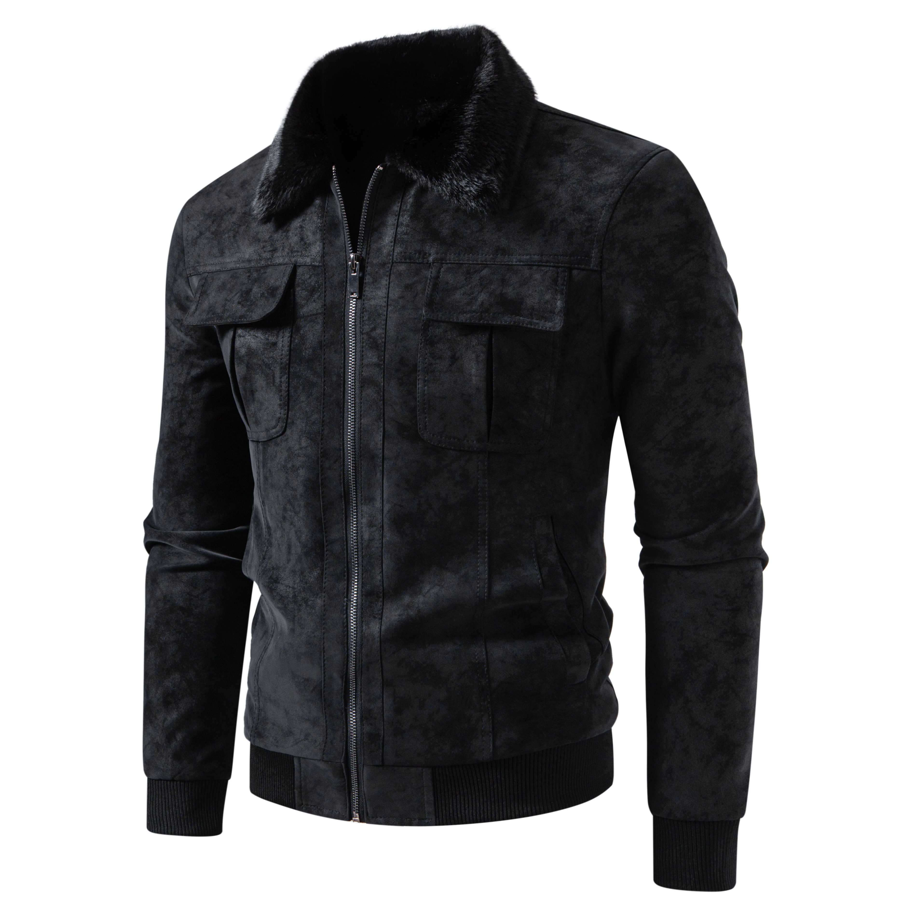 thumbnail video image 2 of Men's Commuter Casual Fall Winter New Thick Faux Fur Collar Jacket, Plush Lining Warm Coat, Stylish Outerwear for Men, 2 of 8