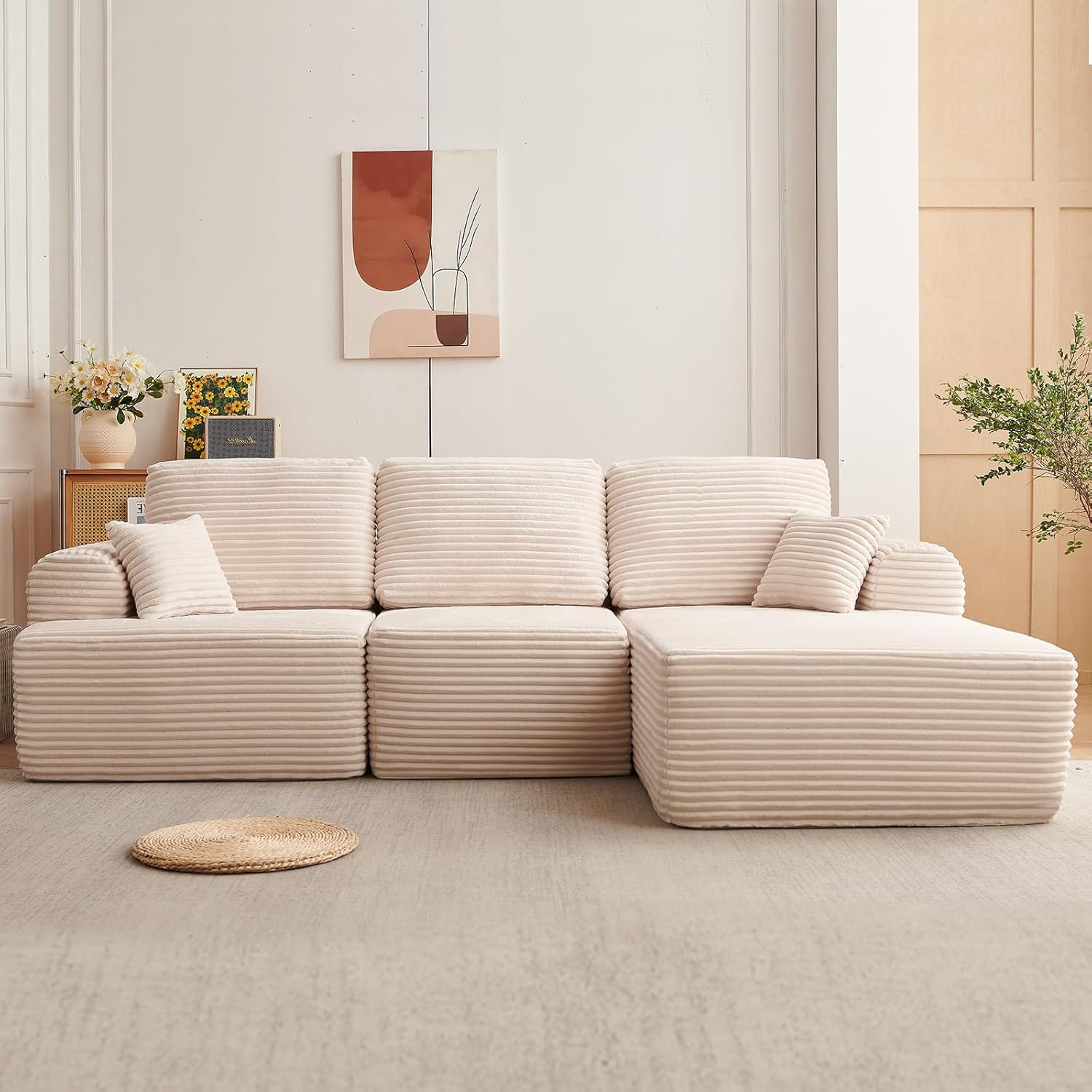 thumbnail video image 2 of NBLDGT 106\" Modular Sectional Sofa, Deep Seat Boneless Couch, Modern Modular L-Shaped Sofa, Corduroy Couch with Chaise for Living Room and Bedroom, Beige, 2 of 11