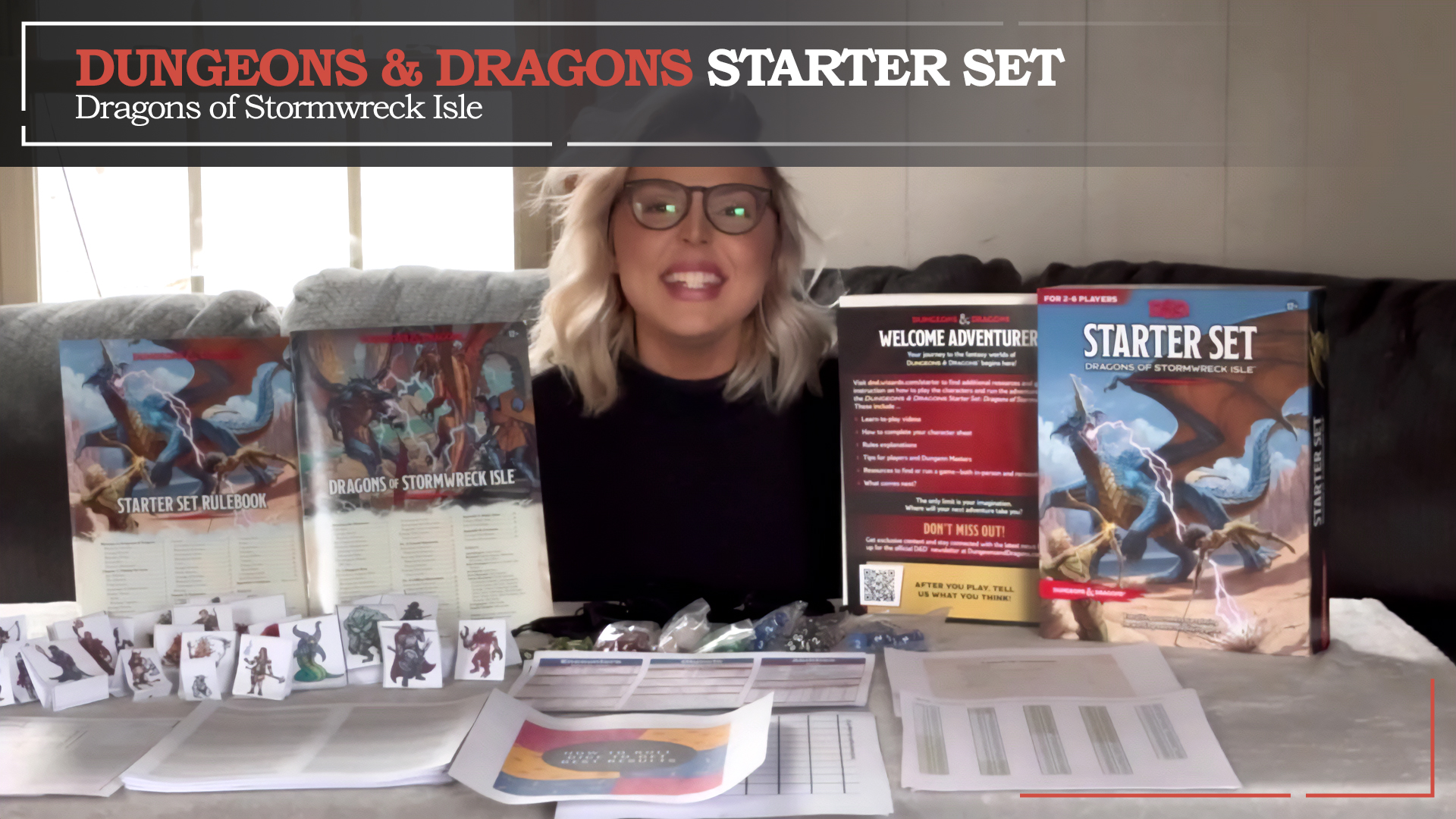 thumbnail video image 2 of Dungeons and Dragons Starter Set - 6th Edition Dragons of Stormwreck Isle, 6 Dice Sets, Flannel Bags, Master Screen, Miniatures, Printable Materials, 2 of 11
