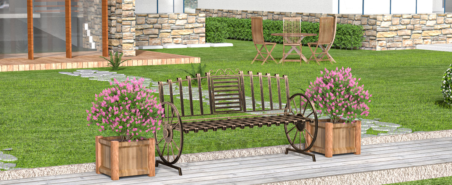 thumbnail video image 2 of Outdoor Metal Patio Garden Bench, Park Bench with Built-in Table and Wagon Wheel Arms, Bronze, 2 of 8