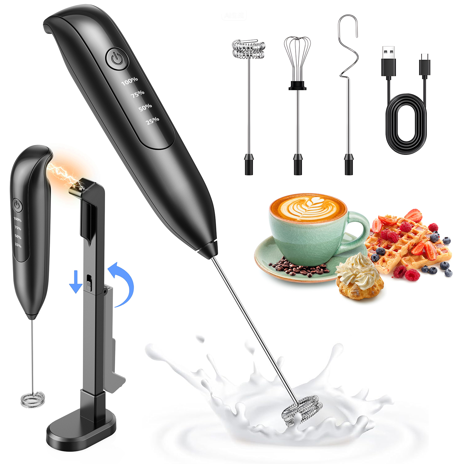 Skdwakiz Milk Frother Handheld Rechargeable, 3 Heads 3 Speeds