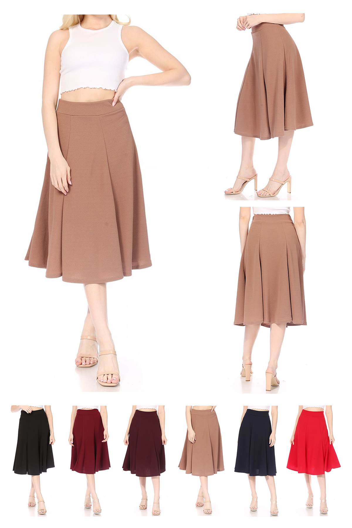 thumbnail video image 2 of Women's Solid Flared Lightweight Elastic High Waist Midi A-line Skirt, 2 of 7