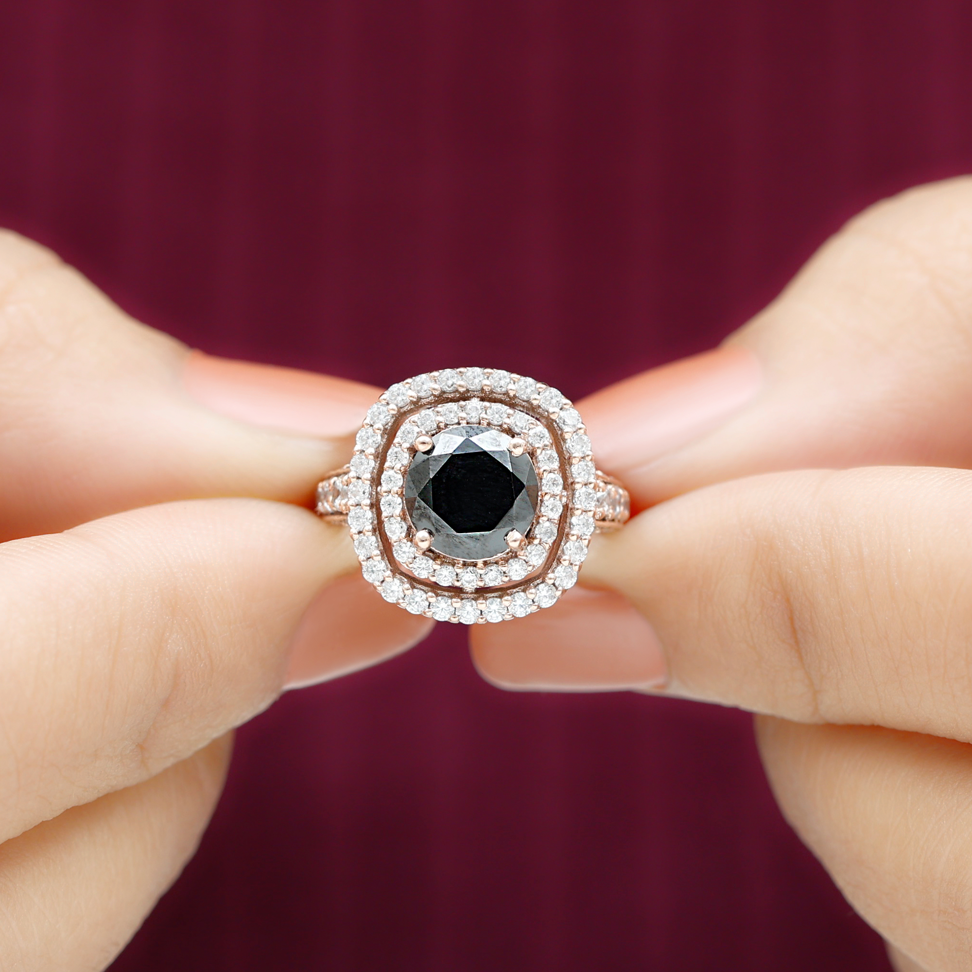thumbnail video image 2 of Rosec Jewels Certified Lab Grown Black Diamond Engagement Ring with Double Halo - Black and White Ring for Women - AAAA Quality, 10K Yellow Gold, US 8.50, 2 of 9