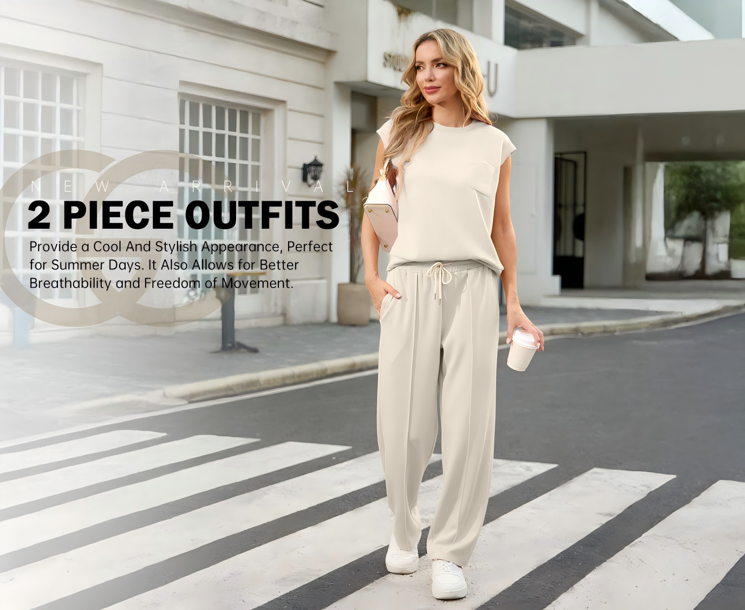 thumbnail video image 2 of PINKSIR 2 Piece Sets for Women Sleeveless Lounge Sets Wide Leg Pants Matching Set Travel Vacation Outfits with Pockets, 2 of 9