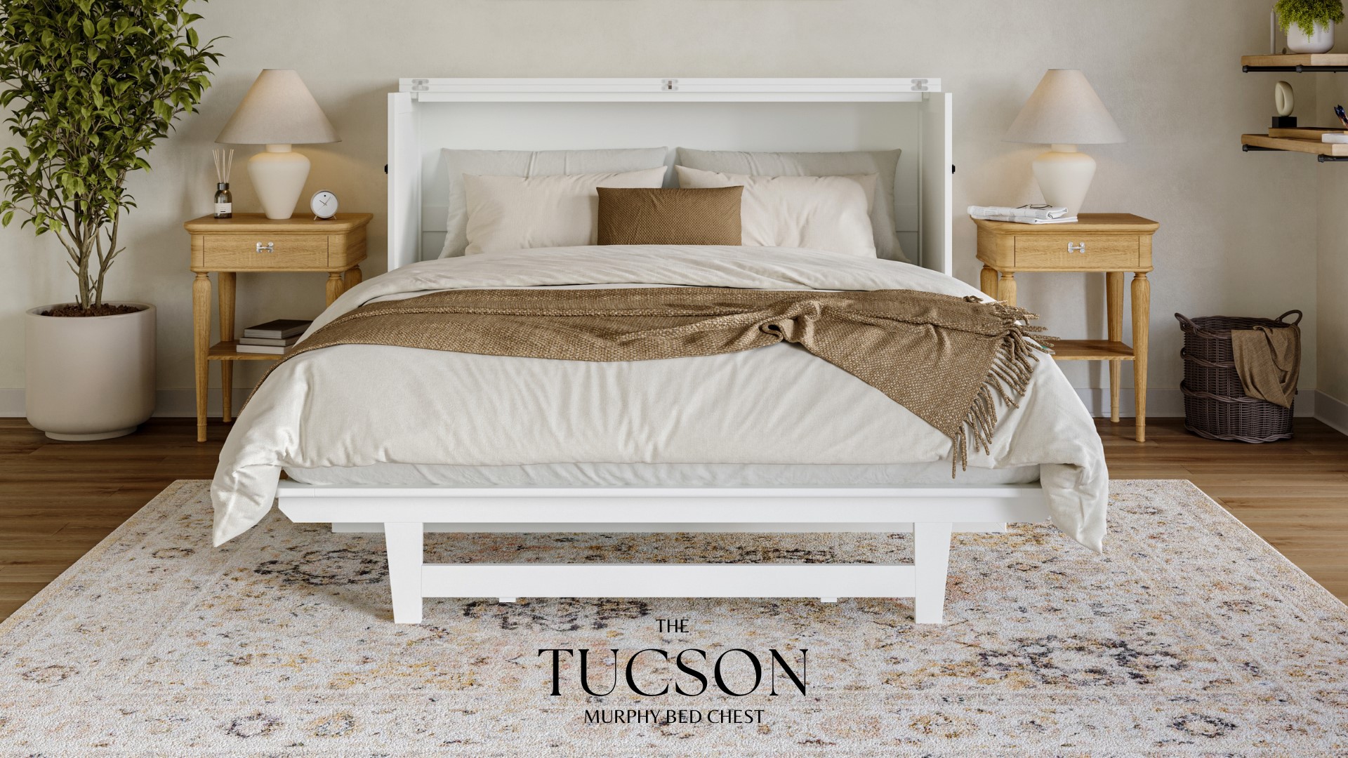 thumbnail video image 2 of AFI Tucson Queen Murphy Bed Chest with 6" Mattress, Drawer & Charger, Light Toffee, 2 of 20