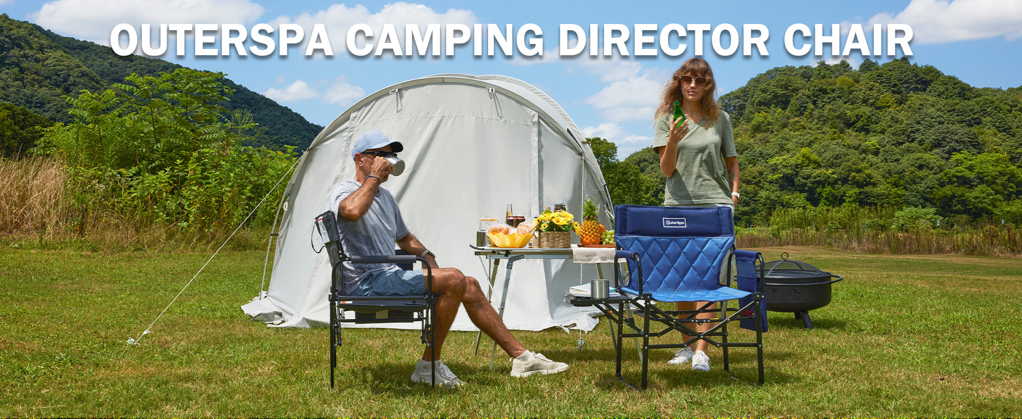 thumbnail video image 2 of OuterSpa Compact Camping Chair Portable Directors Chair with Side Table and Pocket Padded Camping Chair Folding Camping Chair Heavy Duty Camping Chair for Adults, Support up to 350 lbs, 2 of 11