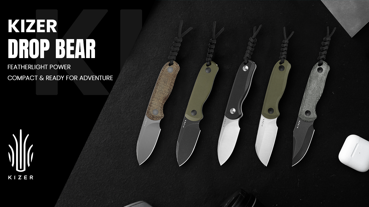 thumbnail video image 2 of Kizer Fixed Blade Knife Drop Bear, AEB-L Steel Olive Green G10 Handle Pocket Tactical Knives, 1093A1, 2 of 10