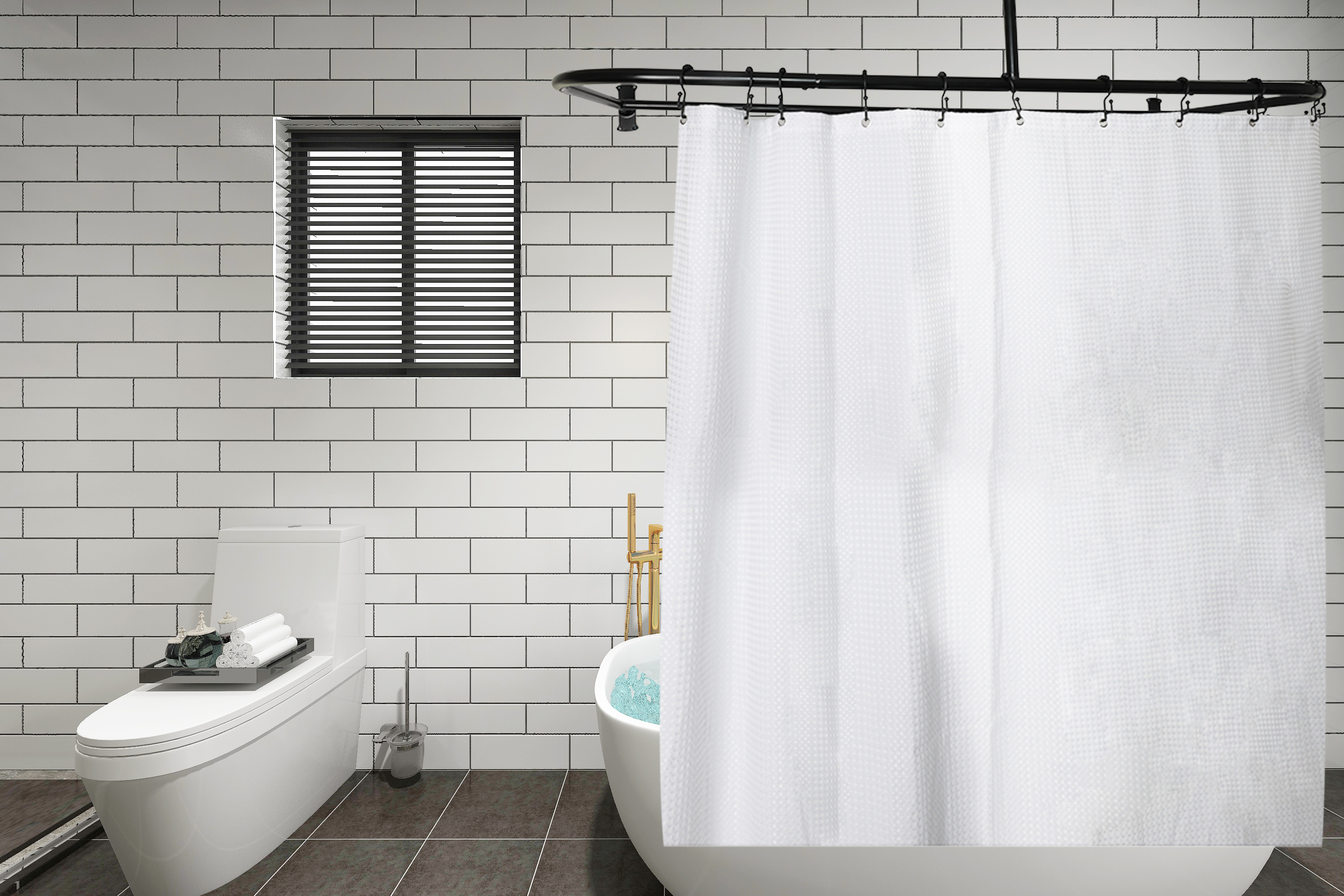thumbnail video image 2 of Utopia Alley Rustproof Aluminum Shower Rod Matte Black D-Shape Shower Rod with Ceiling Support, Shower Curtain Rod for Bathroom Shower, Freestanding Tubs and Showers (60'' x 25''), 2 of 10