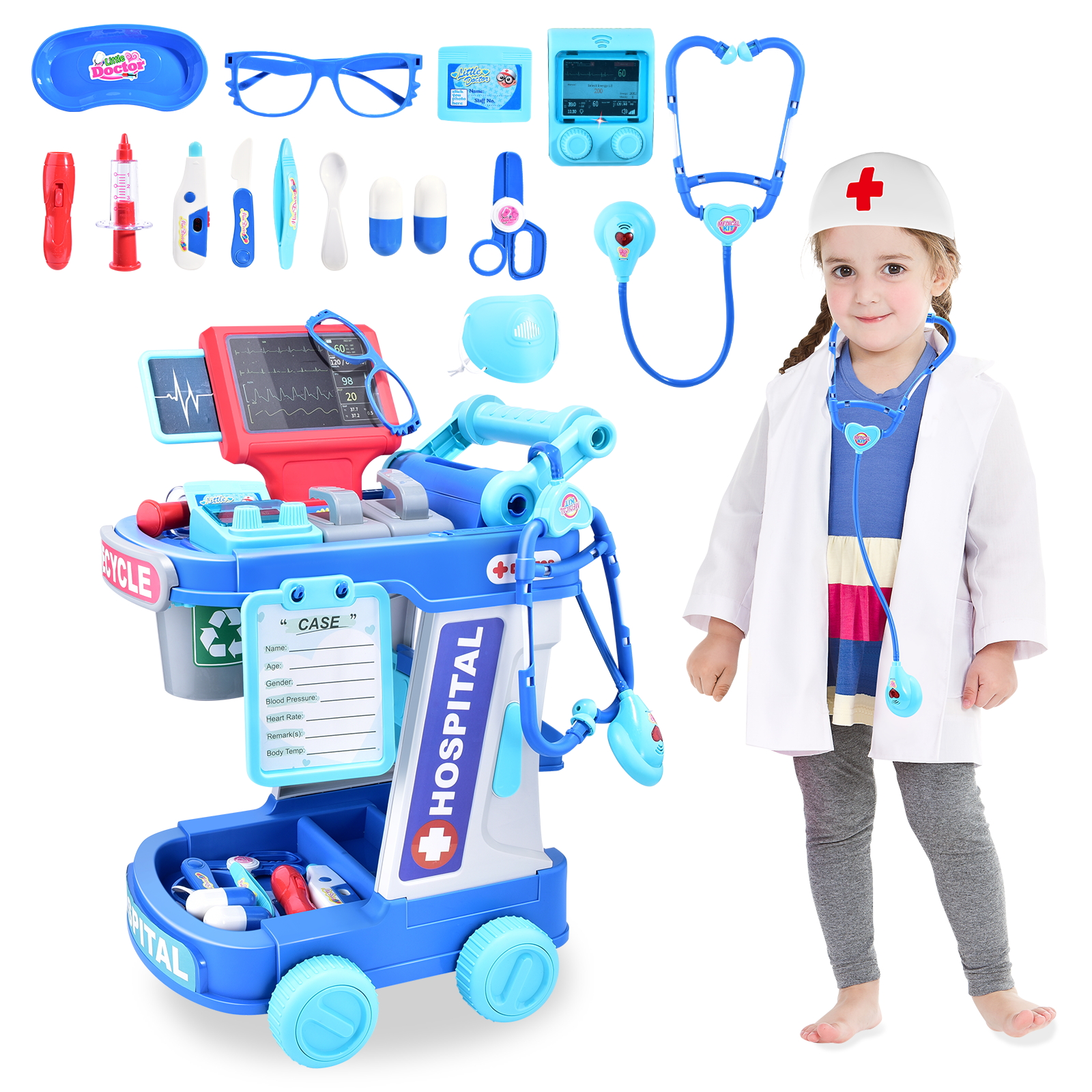 thumbnail video image 2 of Casrra Medical Doctor Kit for Toddlers & Kids, Doctor Costume & Toys, Ages 3-7, Blue, 2 of 8