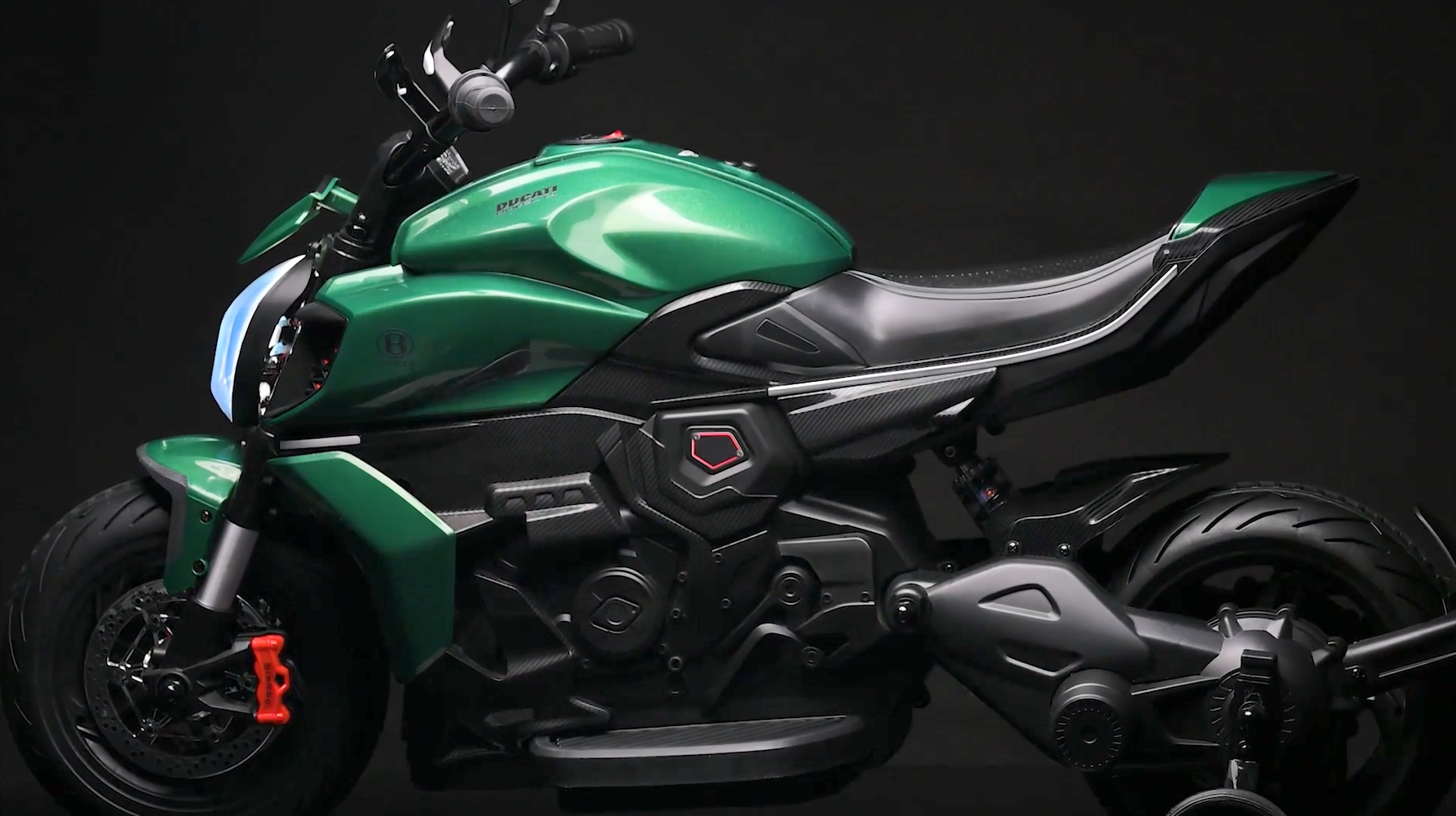 thumbnail video image 2 of LIGIANT Kids Electric Motorcycle Diavel for Bentley V4 WV4 24V 2WD Dual Motor Bluetooth Green, 2 of 8