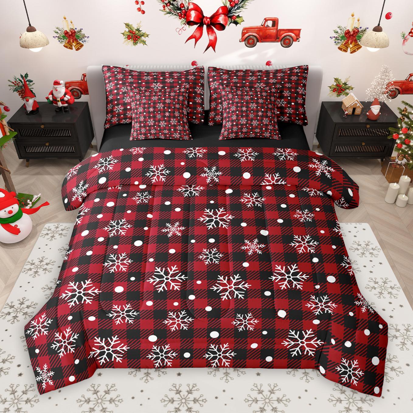thumbnail video image 2 of Manfei Modern Grid Artistic 7-Piece Twin Bedding Sets,Cute Christmas Snowflake Bedding Comforter Set,Red Black White Sheet Sets For Girl Kids,Super Cozy Room Decor Reversible, 2 of 9