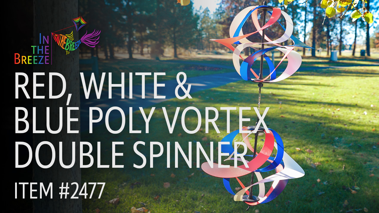 thumbnail video image 2 of In the Breeze 2477 — Red, White and Blue Poly Double Vortex Spinner — Mesmerizing and Colorful Hanging Wind Spinner, 2 of 5