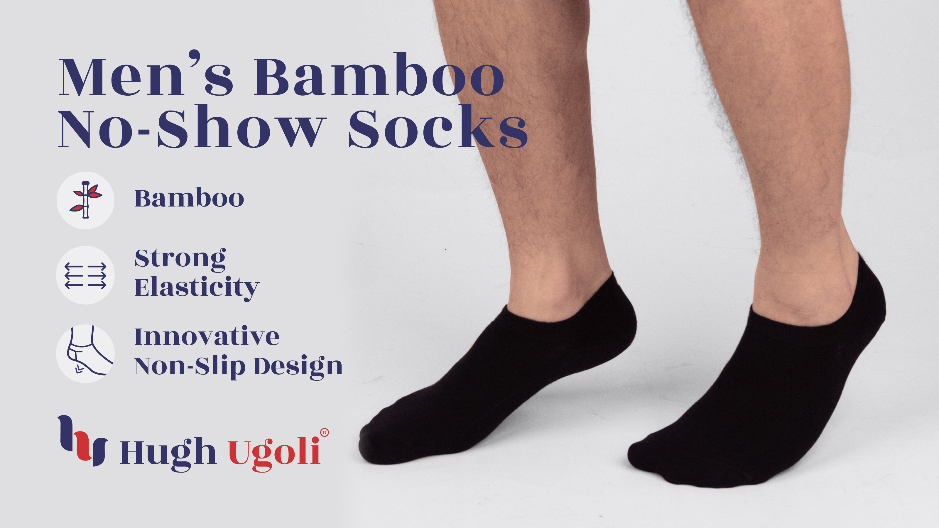 thumbnail video image 2 of HUGH UGOLI Men Bamboo No Show Socks | Non Slip Invisible Liner Socks | Soft, Thin & Seamless Low Cut Socks | Black / Beige|Shoe Size 8-11| 6 Pairs, 2 of 6