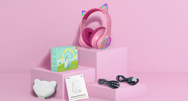 thumbnail video image 2 of LOBKIN Kids Headphones,with Mic 50H Playtime Colorful LED Lights 94dB Safe Volume Limited Foldable for Boy Girl School/Travel/Tablet,Pink Purple, 2 of 7