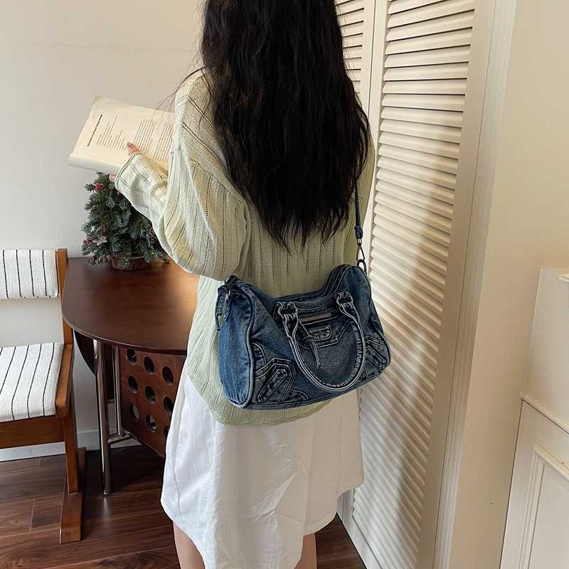 thumbnail video image 2 of SPEKSEE Women Denim Satchel Handbag, Retro Punk Motorcycle Style Boston Bag, Detachable Adjustable Strap Top‑Handle Purse, Multi‑Pocket Shoulder Crossbody Bag for Daily Travel, 2 of 6
