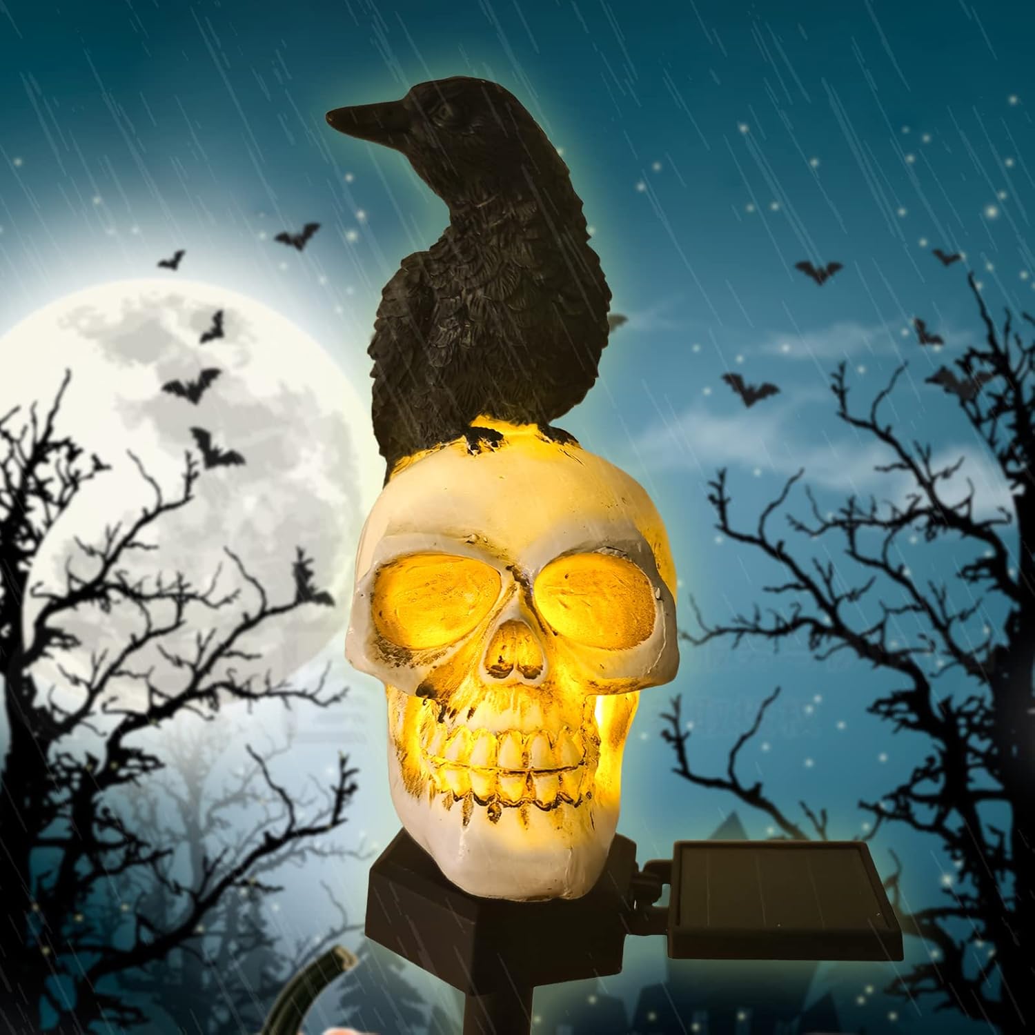 thumbnail video image 2 of ZOEYKIMLO Halloween Decoration Raven Skull Light - Solar Light with Spooky Glowing Skulls & Crows for Outdoor Halloween Decorations, Crows looking left, 2 of 8