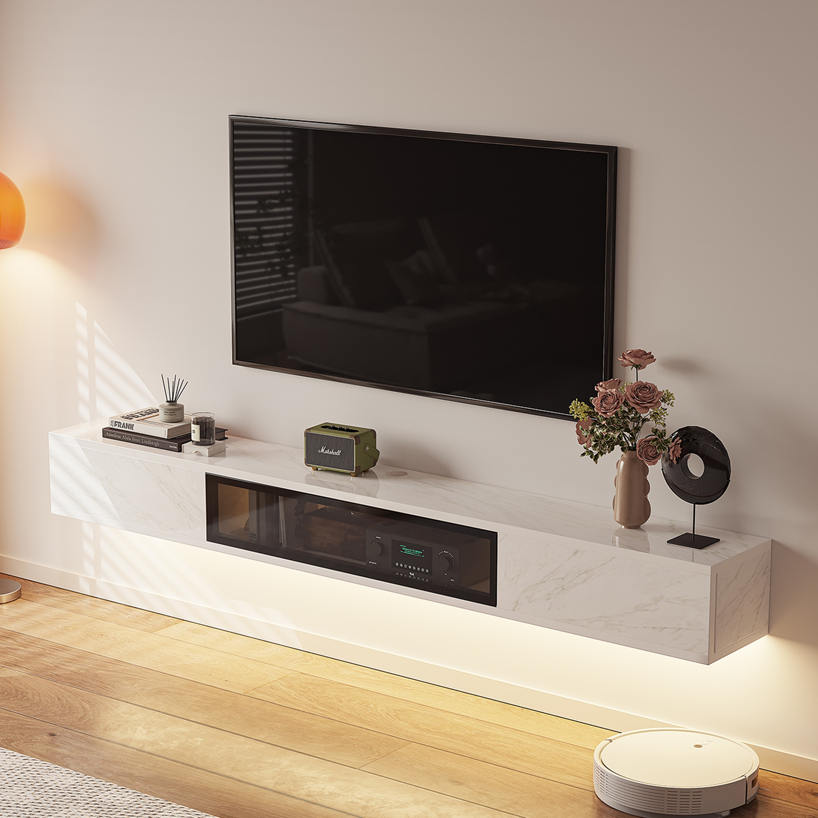 thumbnail video image 2 of FloatiCasa 47" High Gloss Floating TV Stand Wall Mounted Floating TV Shelf for TVs up to 50" Marble Grain White Entertainment Center with Storage, 2 of 15