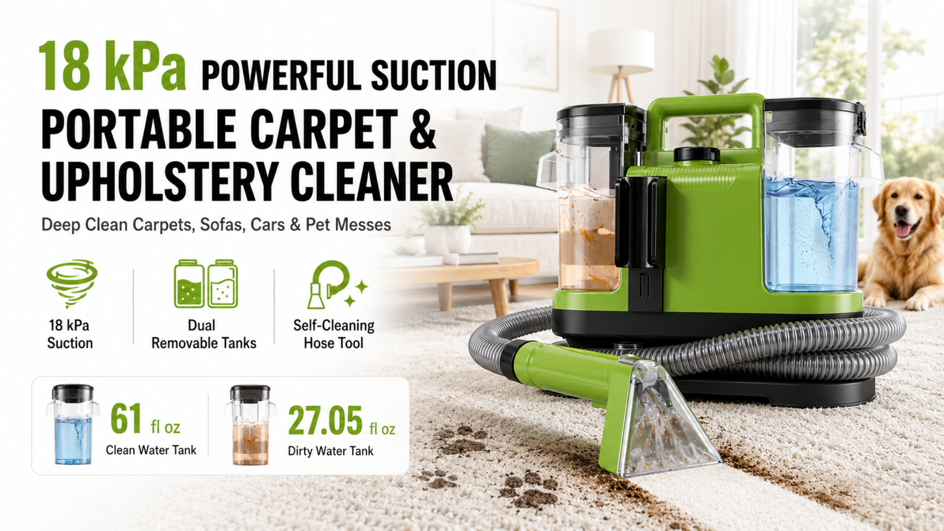 thumbnail video image 2 of VACFORE Portable Carpet & Upholstery Spot Cleaner Machine, 18KPa Powerful Suction, Dual Tanks and Self-Cleaning Tool for Pet Stains, Couches, Rugs and Car Seats, 2 of 9