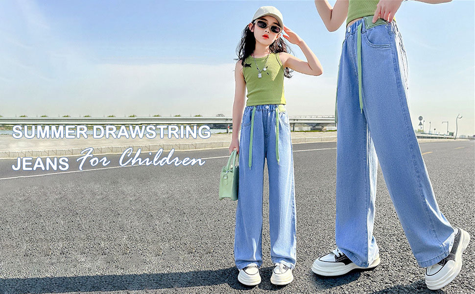 thumbnail video image 2 of Coerni Casual Pants Big Kids Girls' Thin Denim Wide Leg Pants Loose Drawstring Jeans Summer Daily Casual Trousers for Outdoo Play, 2 of 7