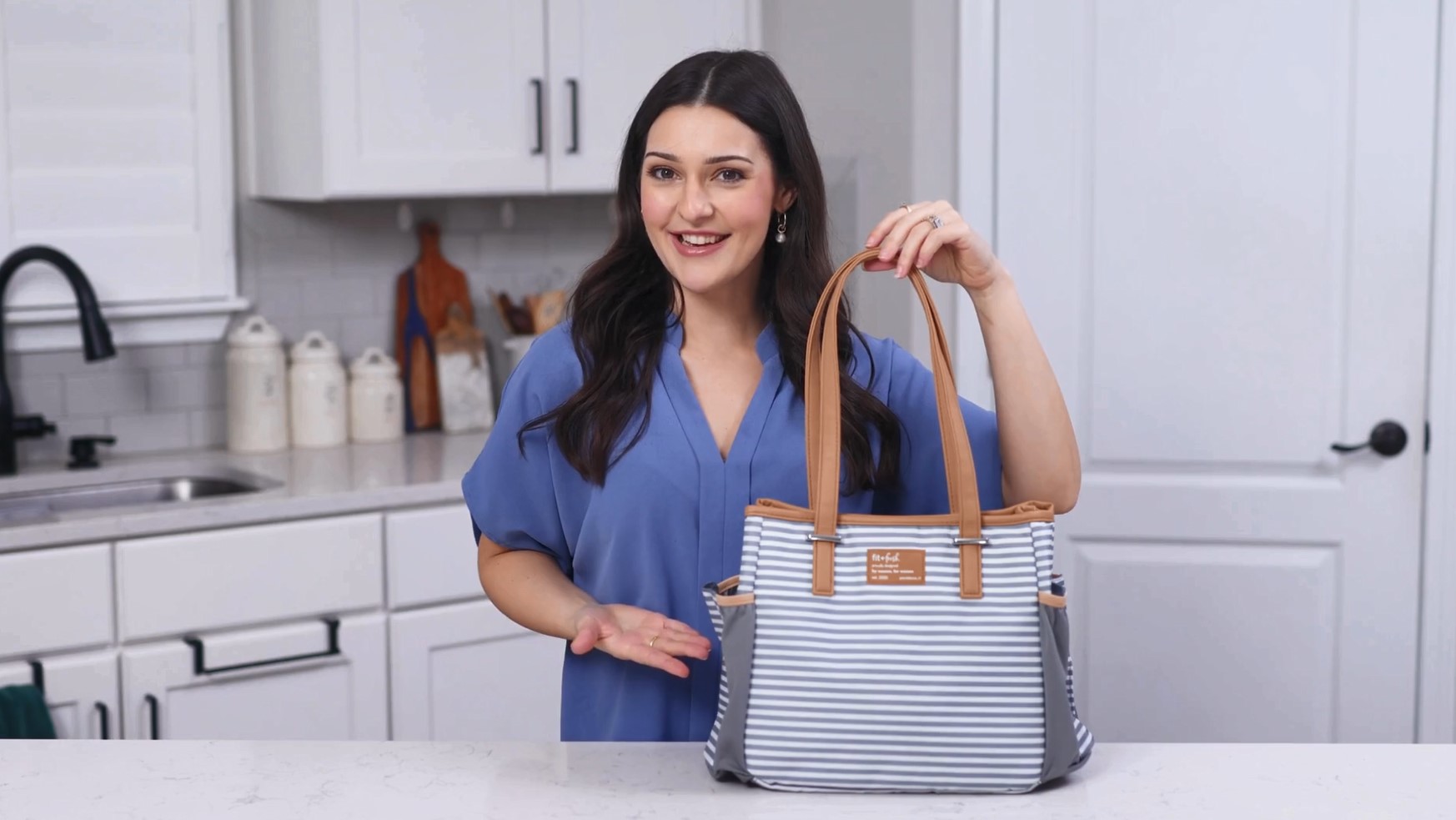 thumbnail video image 2 of Fit & Fresh Copley Lunch Bag for Women, Large Lunch Tote, Reusable Insulated Lunch Bag for Work,Includes Containers and XL Slim Ice, Thin Gray Stripe, 2 of 11