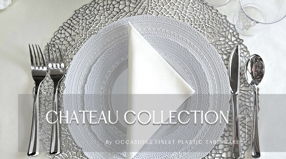 thumbnail video image 2 of " OCCASIONS " 120 Plates Pack,(60 Guests) Extra Heavyweight Vintage Wedding Disposable / Reusable Plastic Plates 60 x 11'' Dinner +60 x 8.25'' Salad / Dessert Plate (Chatesau Light Gray), 2 of 5