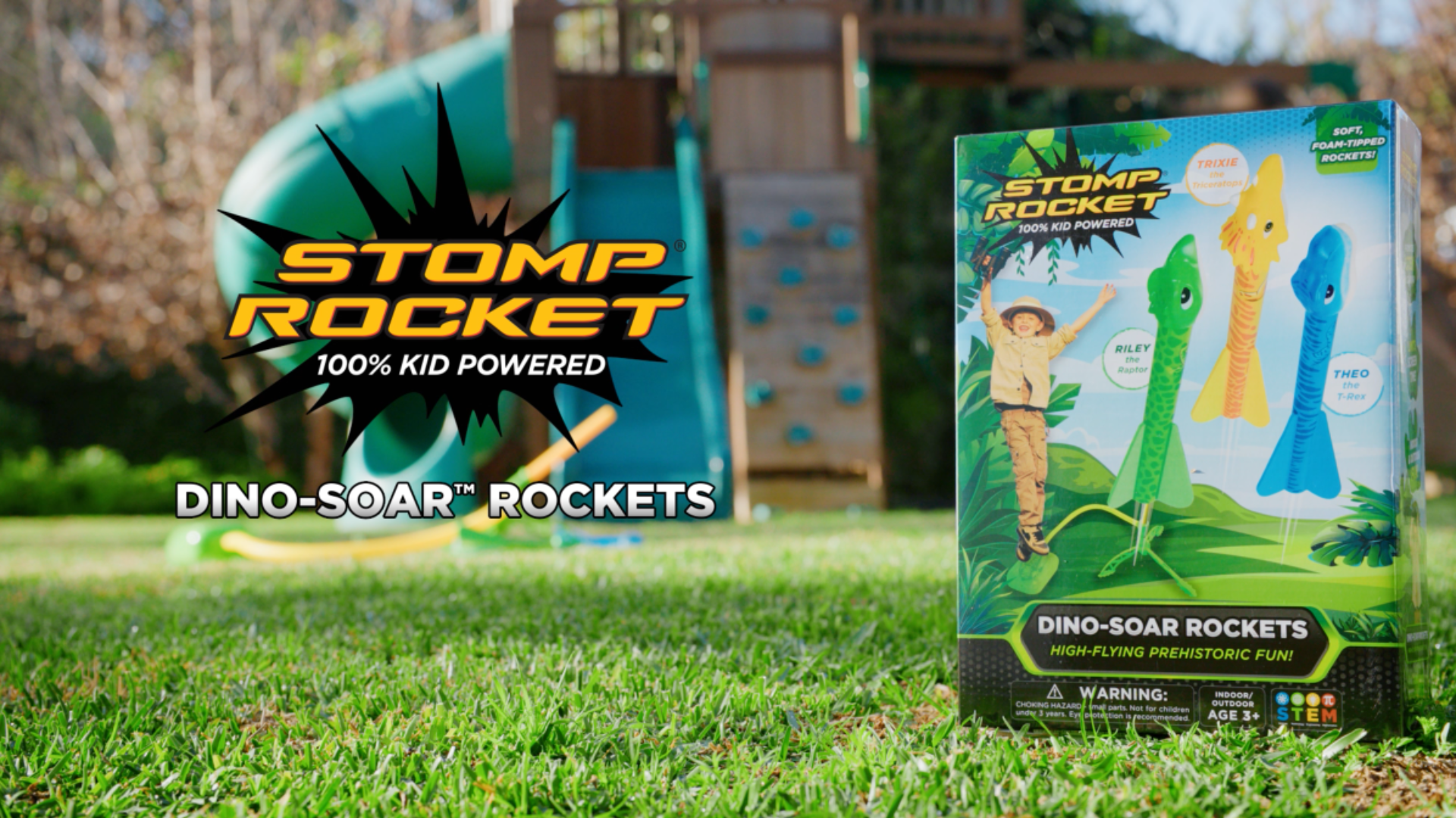thumbnail video image 2 of Stomp Rocket Dino-Soar Rocket Launcher for Kids, Includes 3 Dinosaur-Themed Rockets, Indoor & Outdoor Play, Gifts for Boys & Girls Ages 3+, 2 of 6
