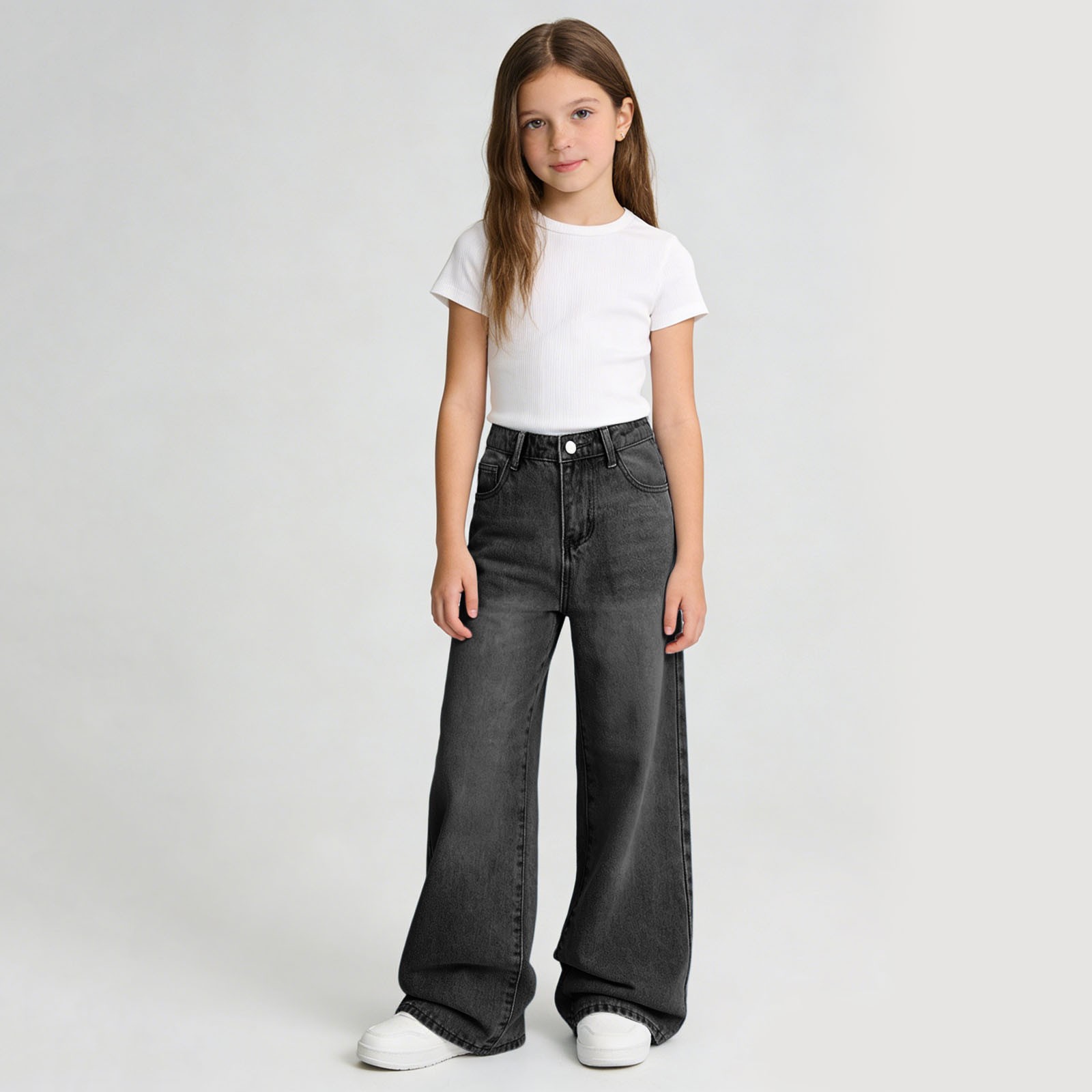 thumbnail video image 2 of WMQPNNS Girl's Jeans Baggy Wide Leg Girls Denim Pants 5t Cute Girls Denim Pants Junior Mid Rise Elastic Band with Pockets Casual Clothes(Size 15-16 Years, Sky Blue), 2 of 6