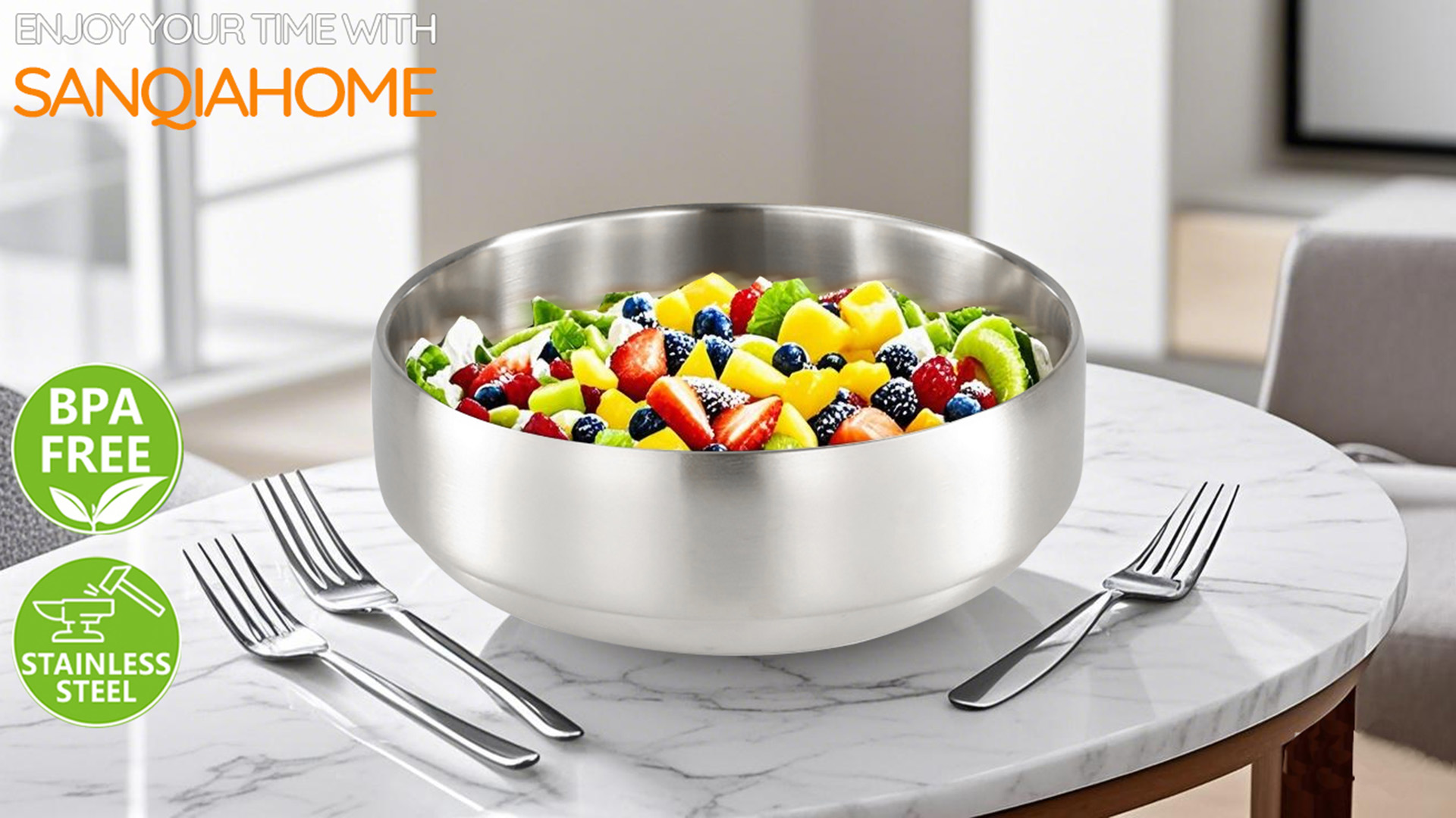 thumbnail video image 2 of SANQIAHOME 47oz/8.3" Quality Stainless Steel Salad Bowl 2pcs/set – Double-walled Anti-scald, Dishwasher Safe, Large Serving Bowl for Family & Parties Golden, large-capacity soup bowl, 2 of 10