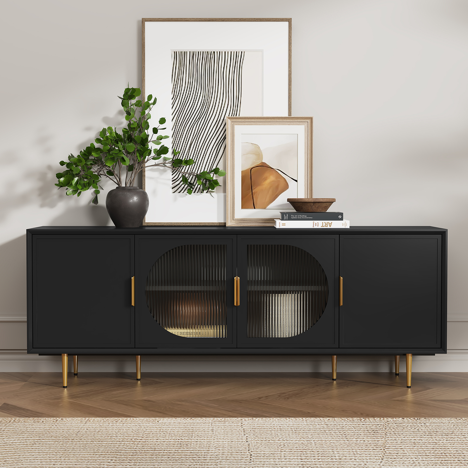 thumbnail video image 2 of HLR Modern 66" TV Stand, for TVs up to 75", Living Room Entertainment Center with Glass Storage Cabinet, Black, 2 of 13