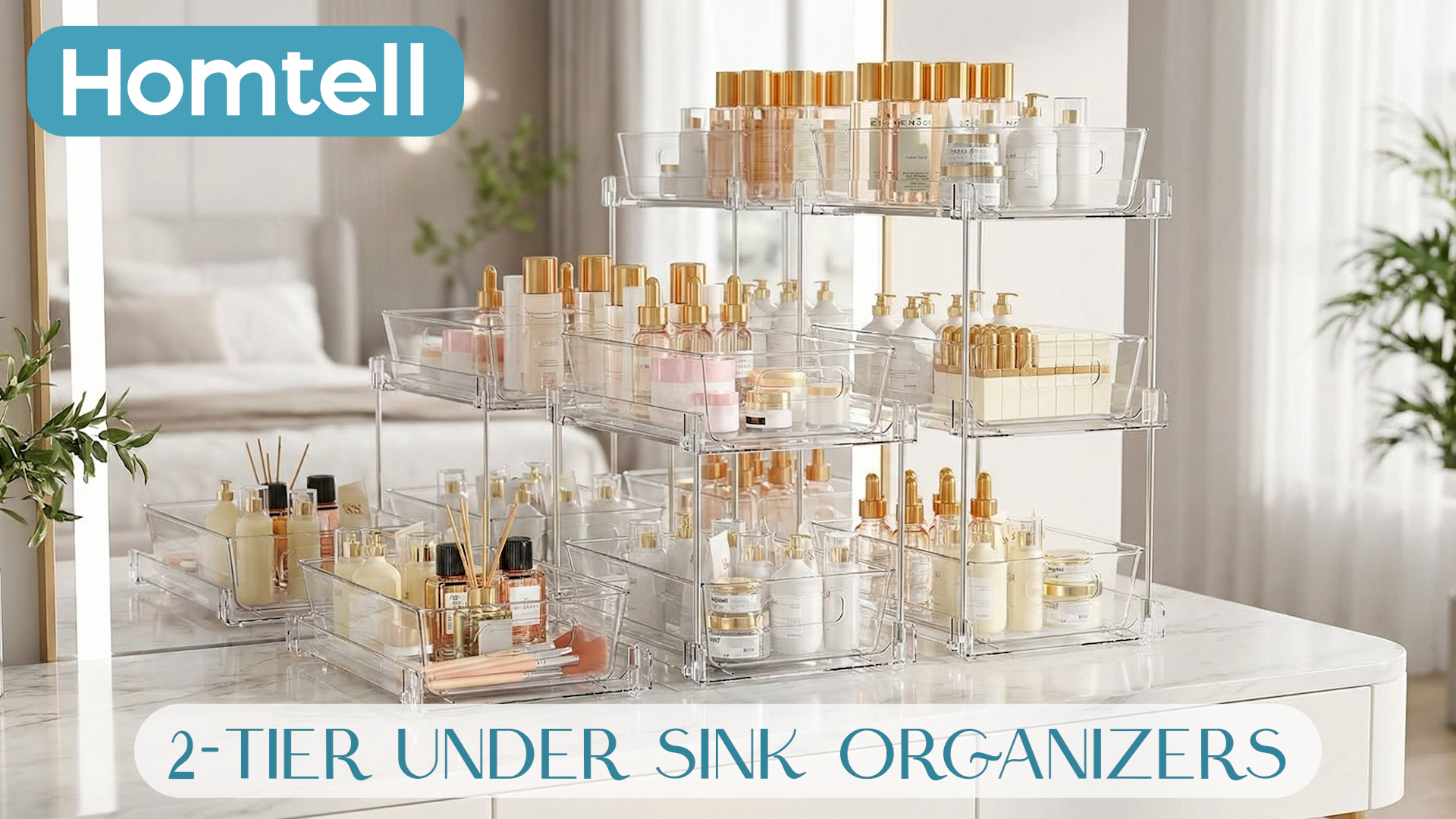 thumbnail video image 2 of 4 Pack Clear Pull Out Under Sink Organizer and Storage Bins, 2-Tier Sliding Cabinet Drawer Container for Kitchen, Bathroom and Pantry Organization, 2 of 8