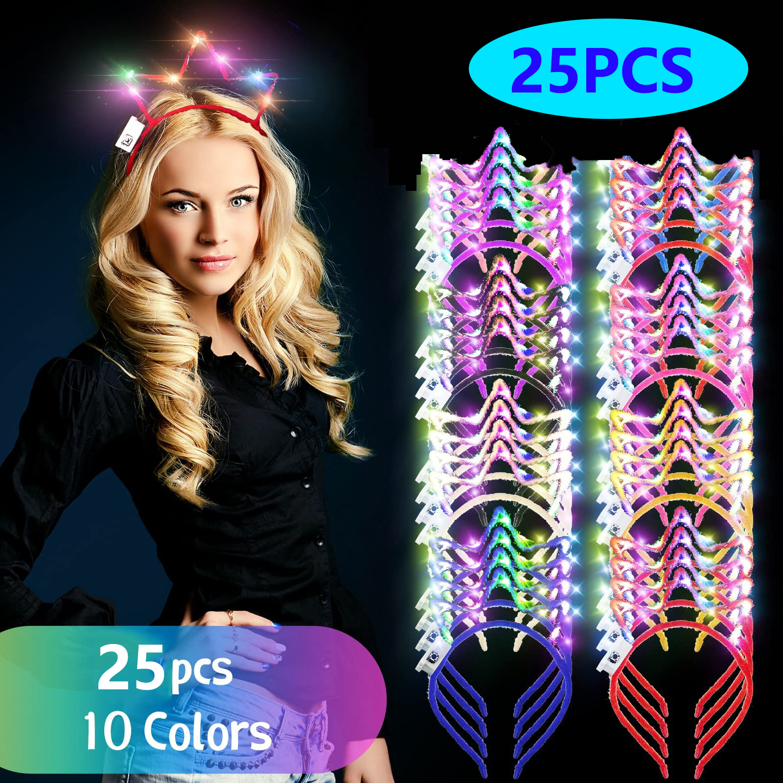 thumbnail video image 2 of 25PCS LED Crown Headbands, 3 Flashing Modes with Button Switch, Light-Up Headbands Suitable for Parties, Concerts, Photo Decorations, Celebrations, Birthdays, Weddings, 2 of 10