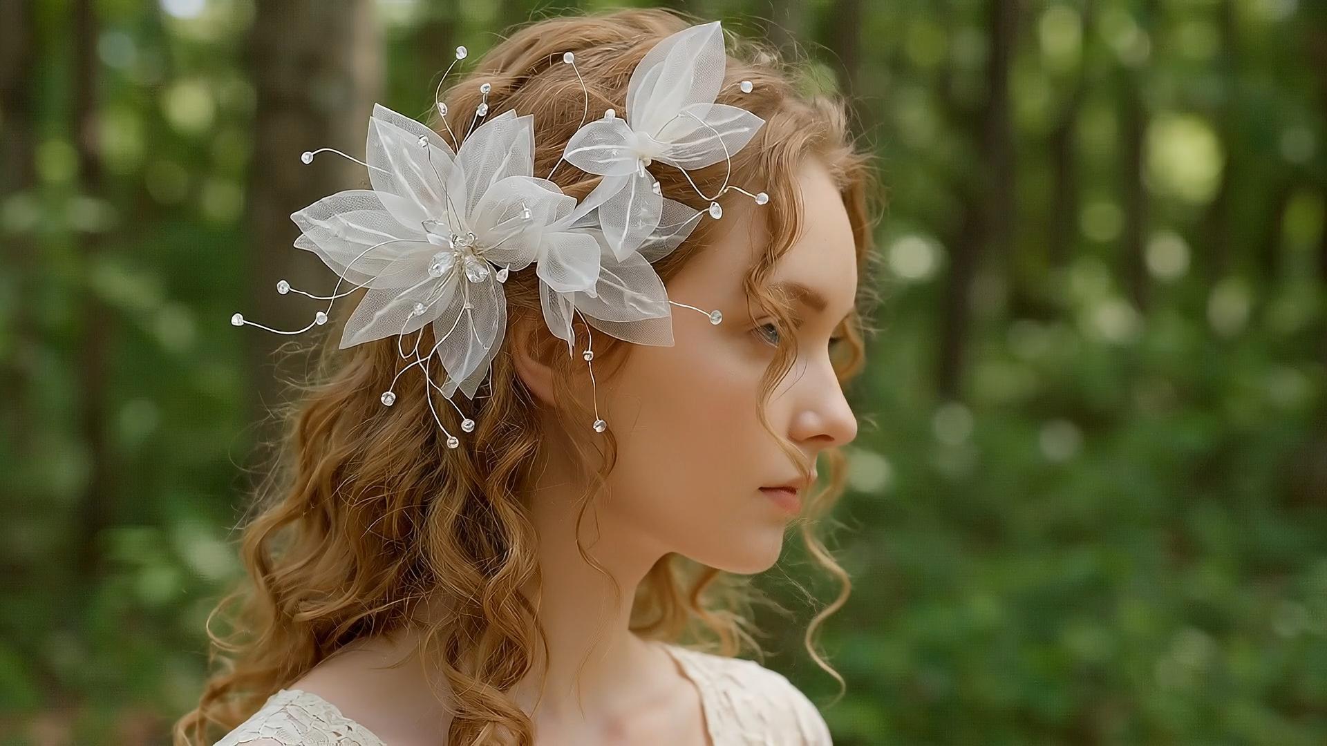 thumbnail video image 2 of Miallo Elegant White Flower Wedding Hair Accessory for Bridal and Bridesmaids, Modern Floral Headpiece for Beach Wedding and Gala, Professional Photography Hair Prop, 2 of 7
