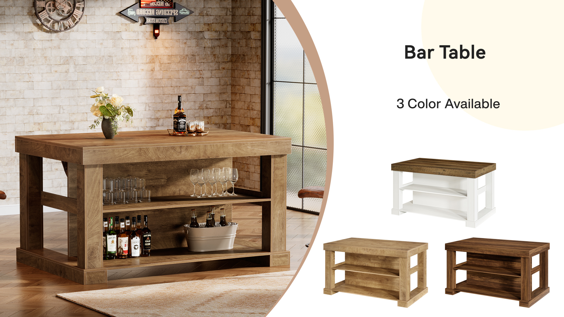 thumbnail video image 2 of Finmind 55-inch Large Bar Table, 3-Tier Counter Height Pub Table with Spacious Tabletop, Farmhouse Home Bar Unit for Bistro, Basement, Brown and White, 2 of 8