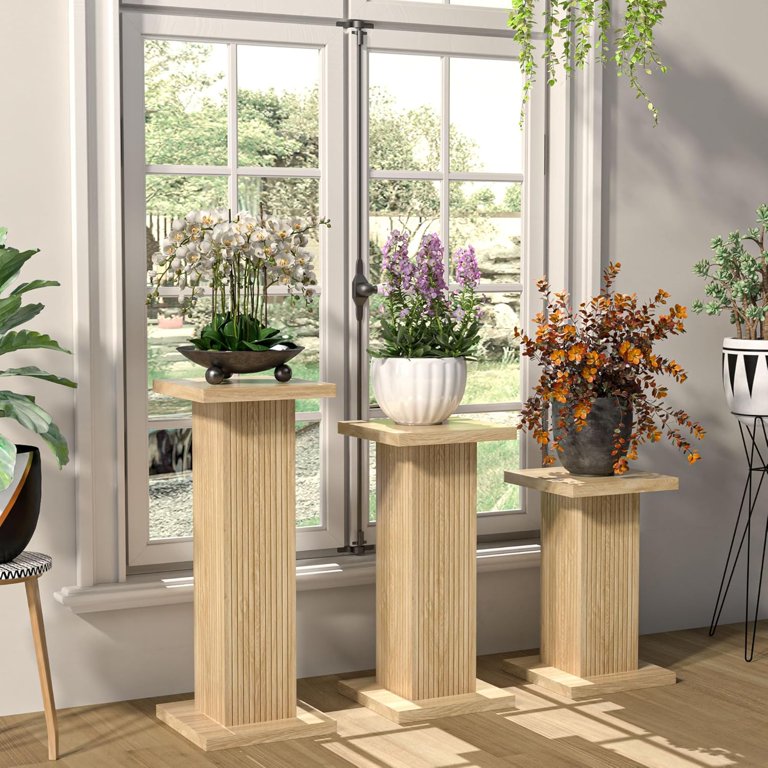 3 Piece Wooden Plant Stand, Square Pedestal Display Plant Stand with Fluted  Panel, Flower Potted Plant Stand, Wood
