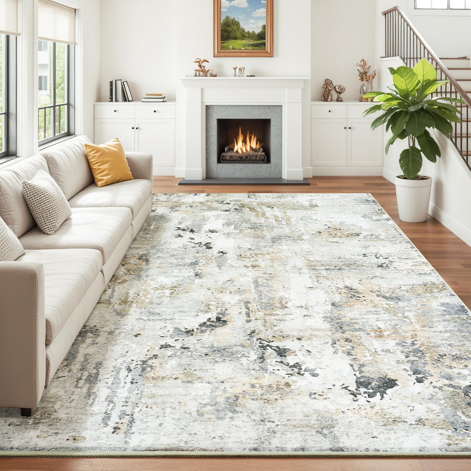 thumbnail video image 2 of Reepow 5x7 Brown/Grey Modern Abstract Neutral Indoor Soft Machine Washable Non-Slip Low Pile Carpet Area Rugs for Living Room Dining Room Office, 2 of 9
