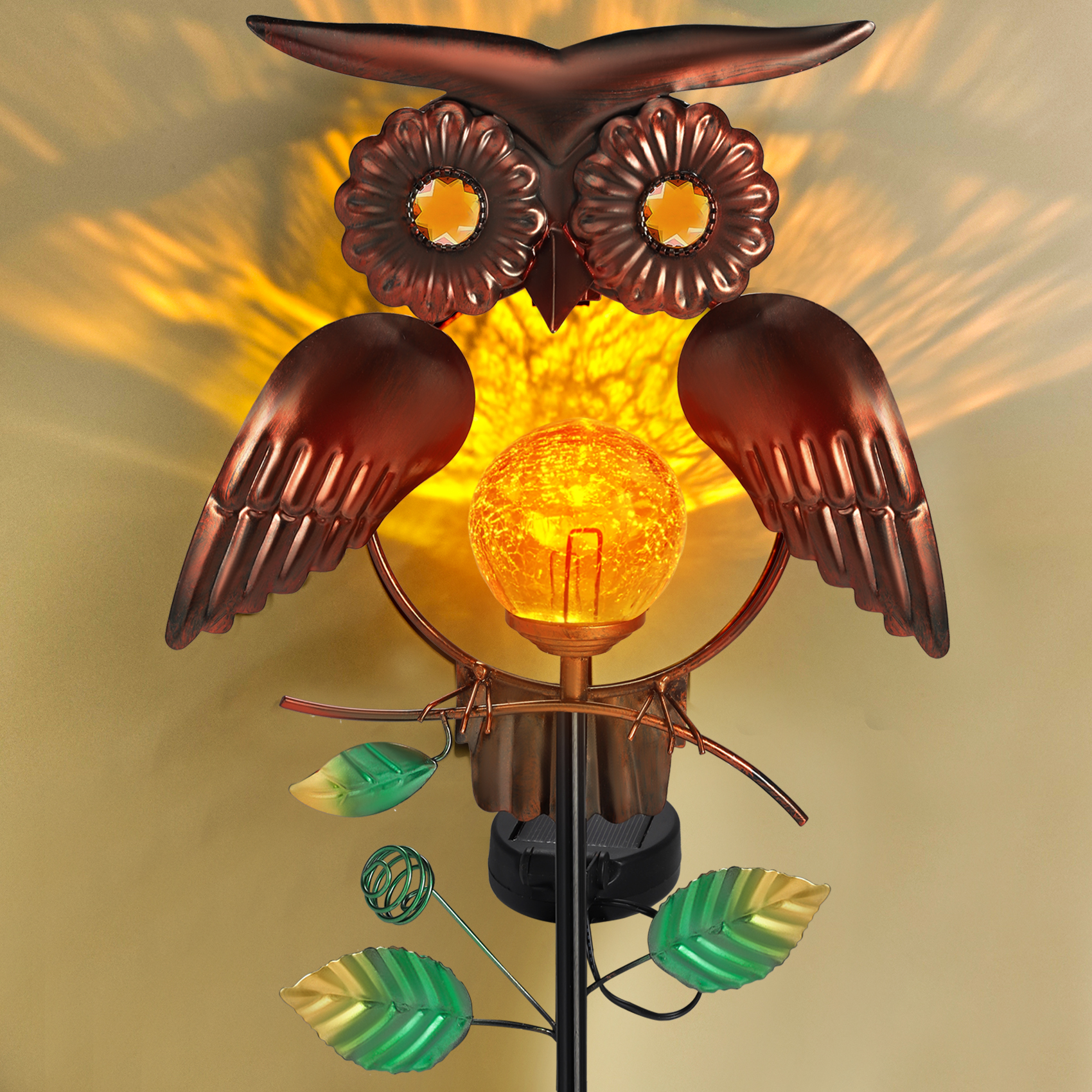 thumbnail video image 2 of Solar owl Garden Light Outdoor, Owl Decor Metal Stakes Lights, Crackle Glass Light for Garden Lawn Pathway Yard Decortions, 2 of 7