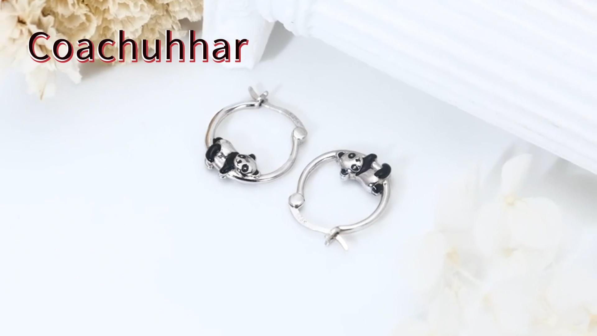 thumbnail video image 2 of Coachuhhar Panda Earrings 925 Sterling Silver Hypoallergenic Panda Hoop Earrings Cute Animal Earrings Panda Jewelry Gifts for Women, 2 of 8